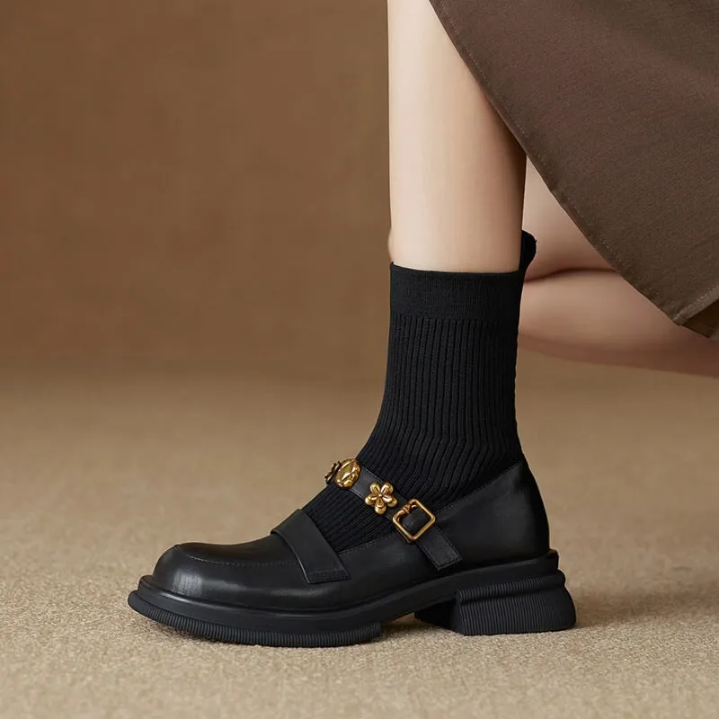 Women's Chunky Platform Round-Toe Ankle Boots – Stretch Sock Loafers With Block Heels