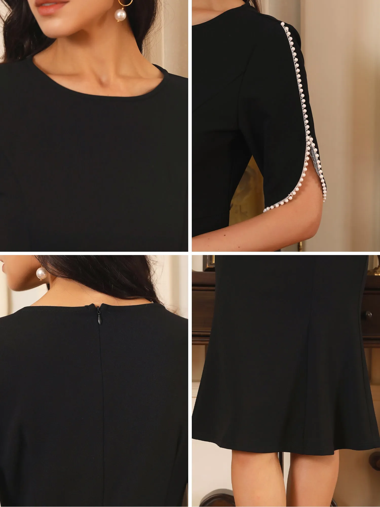 Women's Cocktail Dress Mermaid Beaded Sleeves Wedding Guest Formal Bodycon Midi Dresses