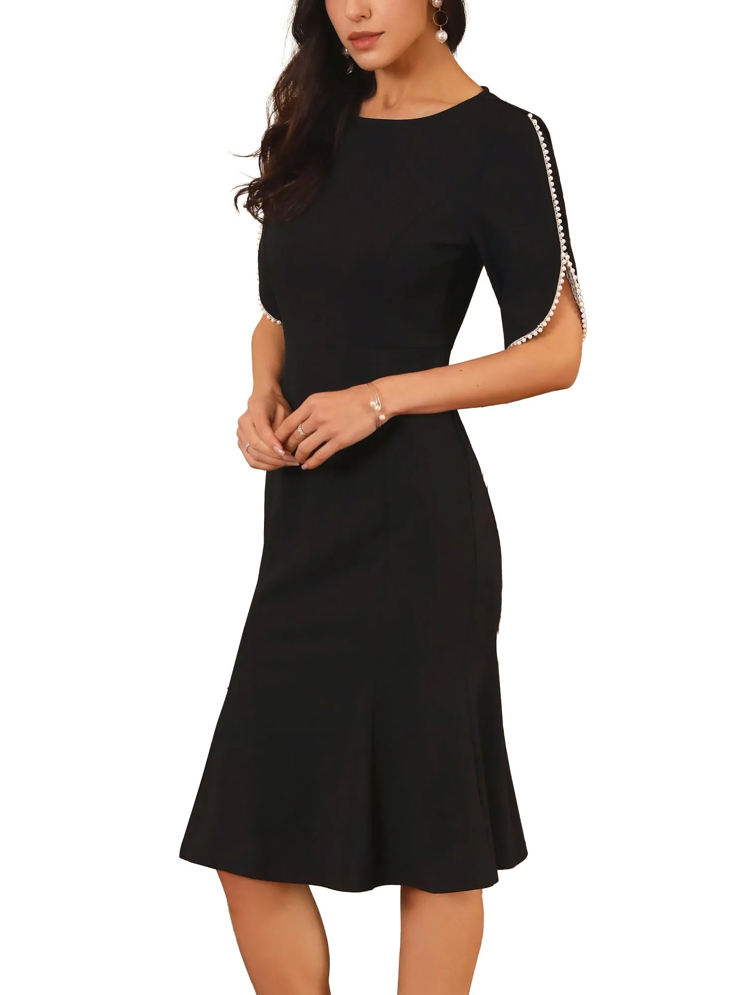 Women's Cocktail Dress Mermaid Beaded Sleeves Wedding Guest Formal Bodycon Midi Dresses