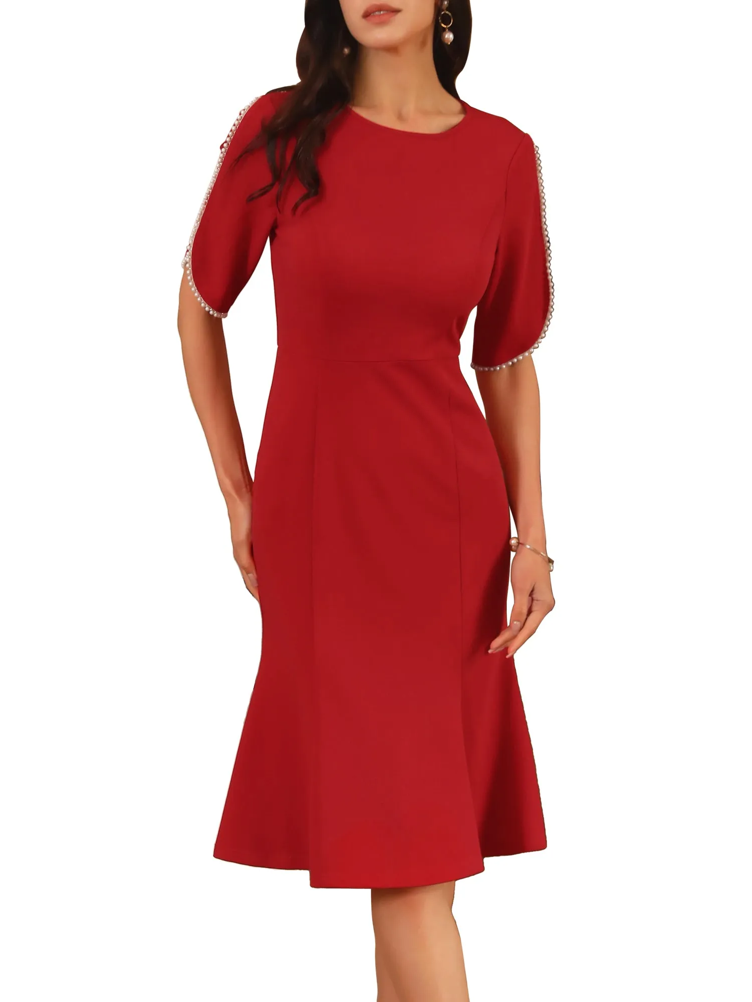 Women's Cocktail Dress Mermaid Beaded Sleeves Wedding Guest Formal Bodycon Midi Dresses