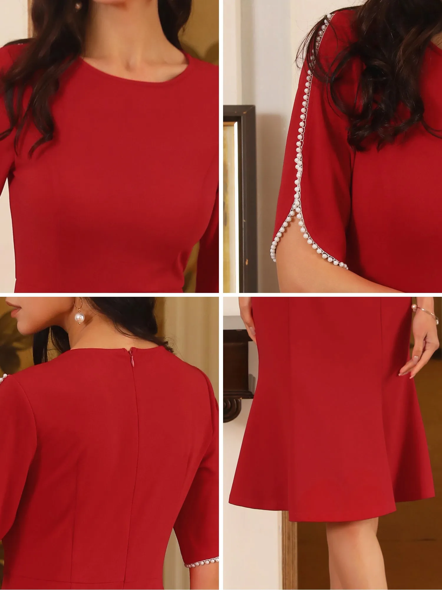 Women's Cocktail Dress Mermaid Beaded Sleeves Wedding Guest Formal Bodycon Midi Dresses