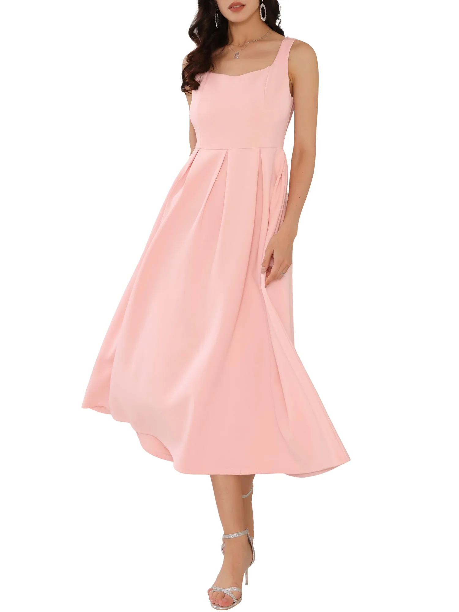 Women's Cocktail Sleeveless Square Neck A-Line Pleated 50s Vintage Maxi Dress