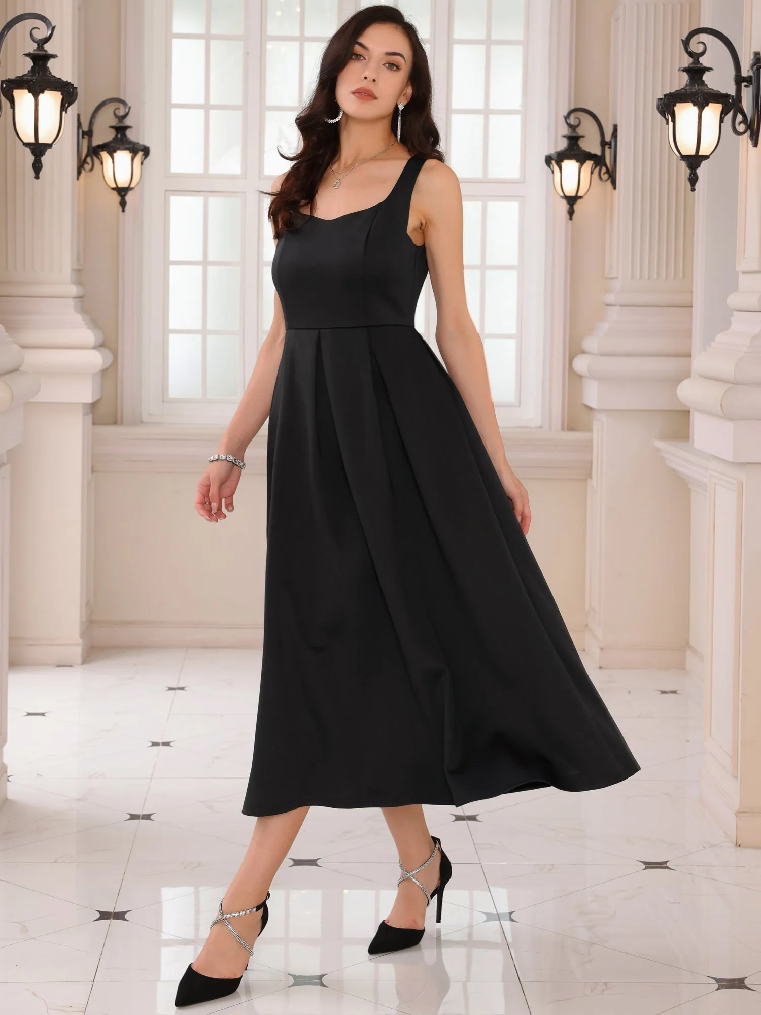 Women's Cocktail Sleeveless Square Neck A-Line Pleated 50s Vintage Maxi Dress