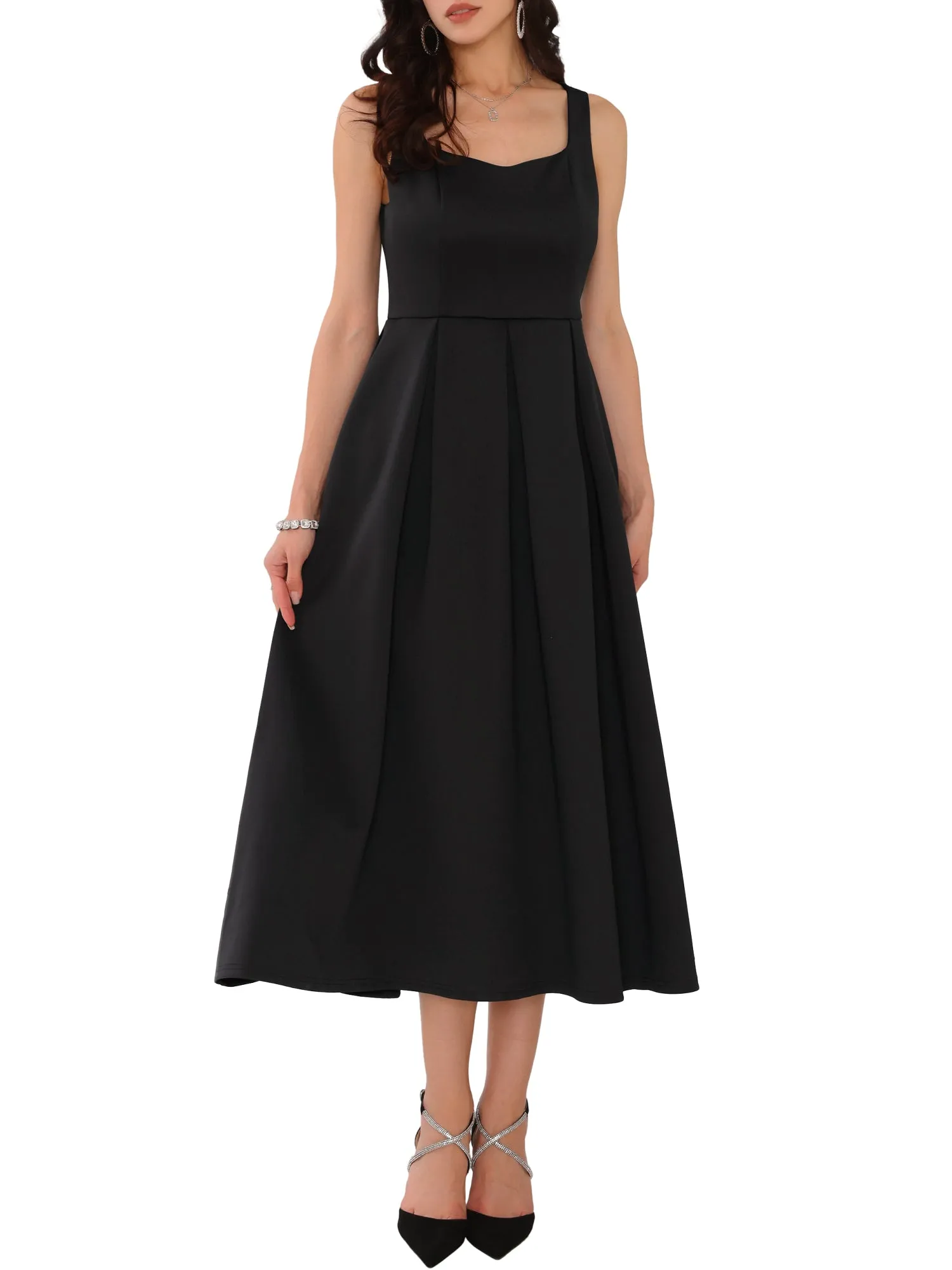 Women's Cocktail Sleeveless Square Neck A-Line Pleated 50s Vintage Maxi Dress