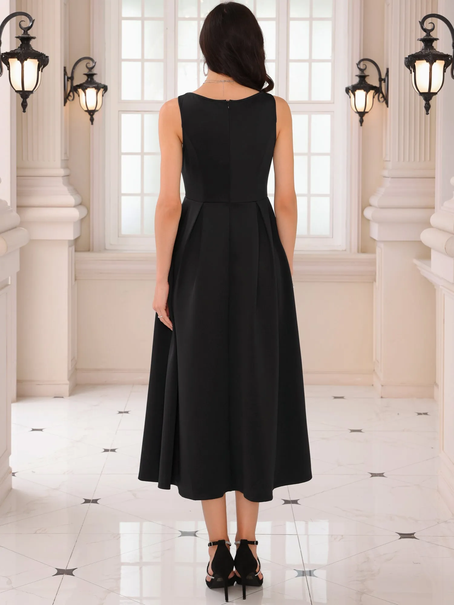 Women's Cocktail Sleeveless Square Neck A-Line Pleated 50s Vintage Maxi Dress