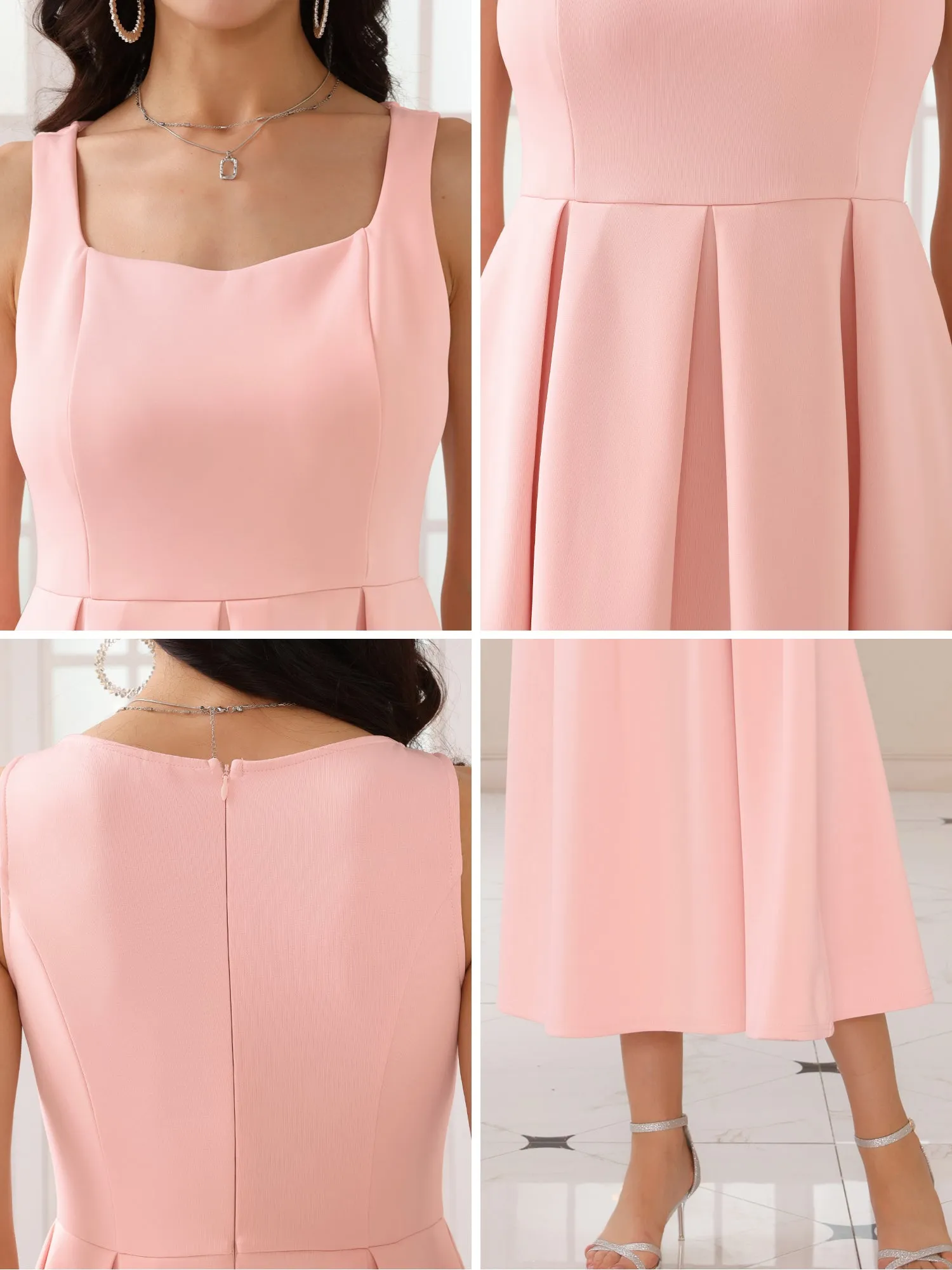 Women's Cocktail Sleeveless Square Neck A-Line Pleated 50s Vintage Maxi Dress
