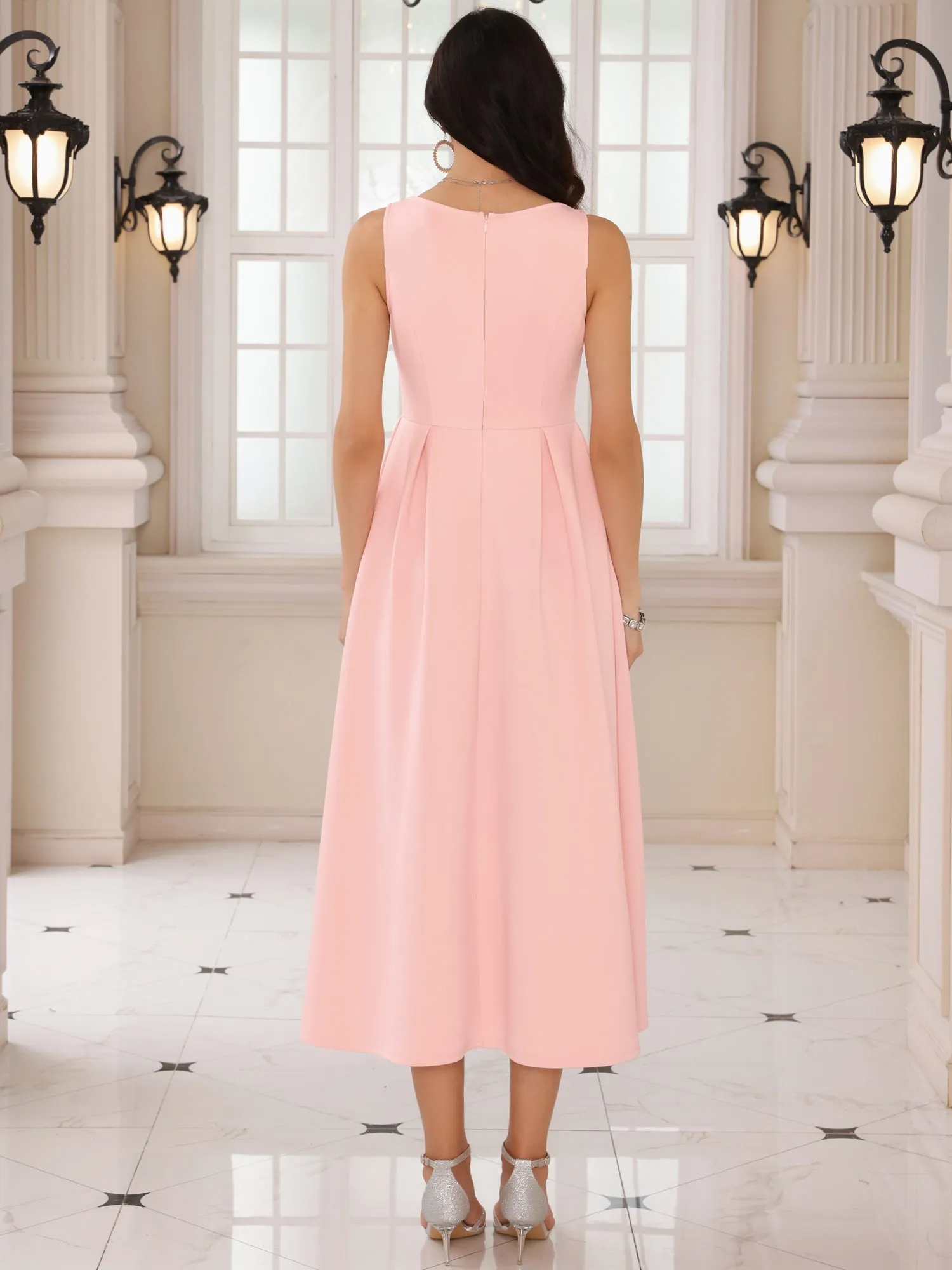 Women's Cocktail Sleeveless Square Neck A-Line Pleated 50s Vintage Maxi Dress