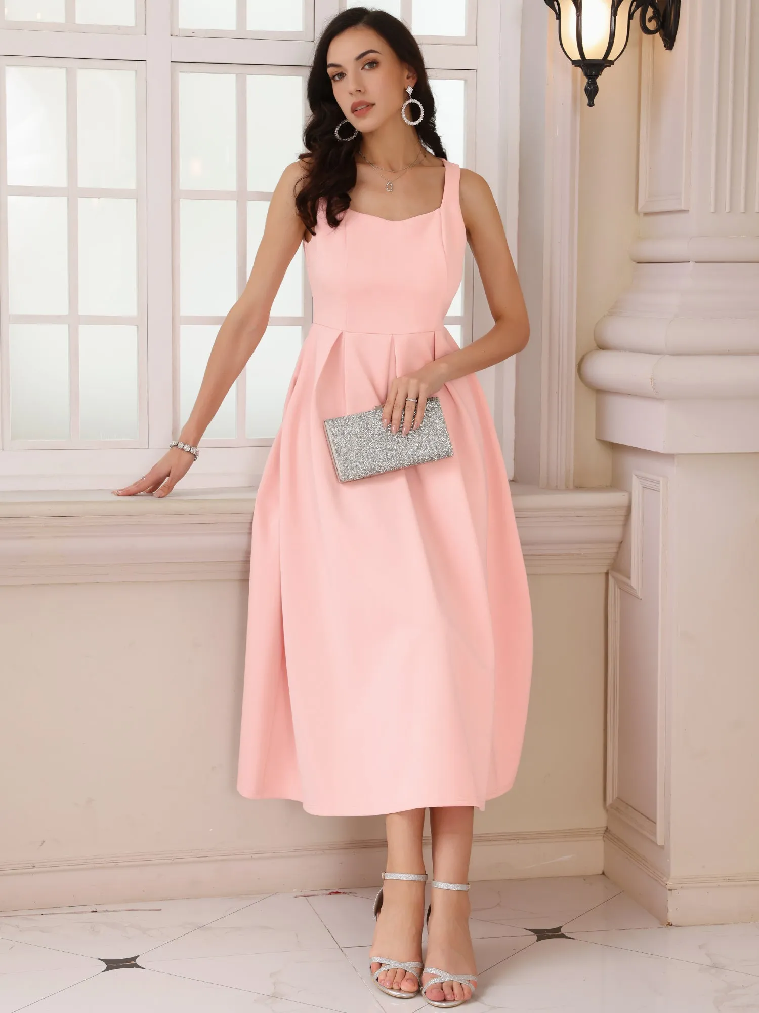 Women's Cocktail Sleeveless Square Neck A-Line Pleated 50s Vintage Maxi Dress