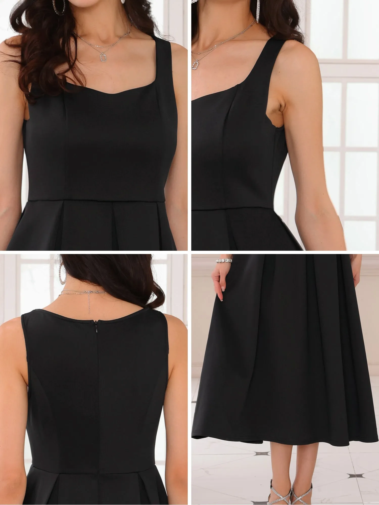Women's Cocktail Sleeveless Square Neck A-Line Pleated 50s Vintage Maxi Dress