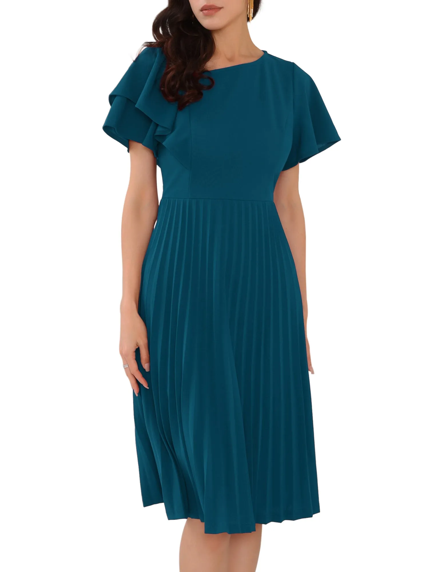 Women's Dressy Casual Dress Ruffled Asymmetric Neck A-Line Midi Pleated Dresses