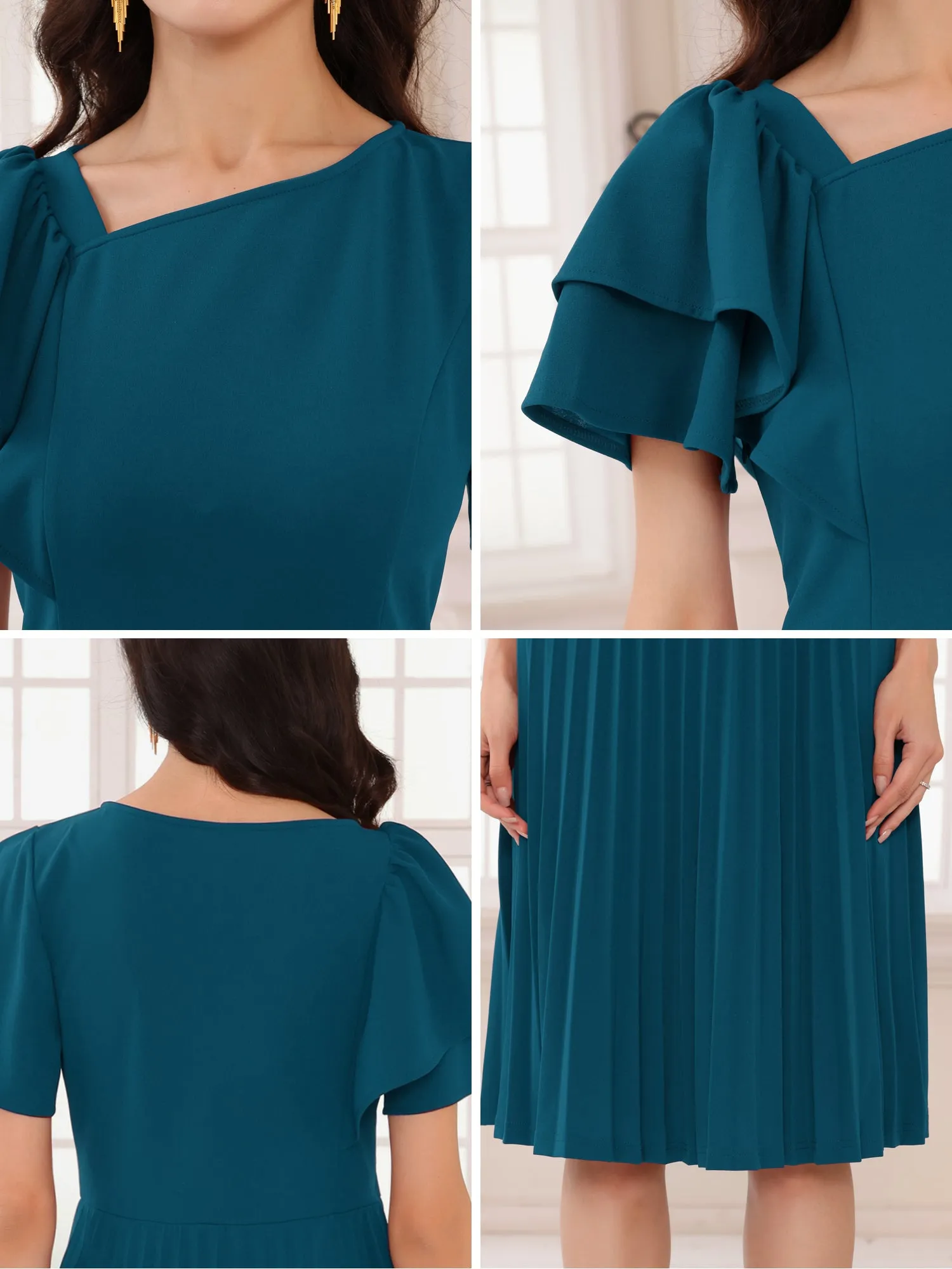 Women's Dressy Casual Dress Ruffled Asymmetric Neck A-Line Midi Pleated Dresses