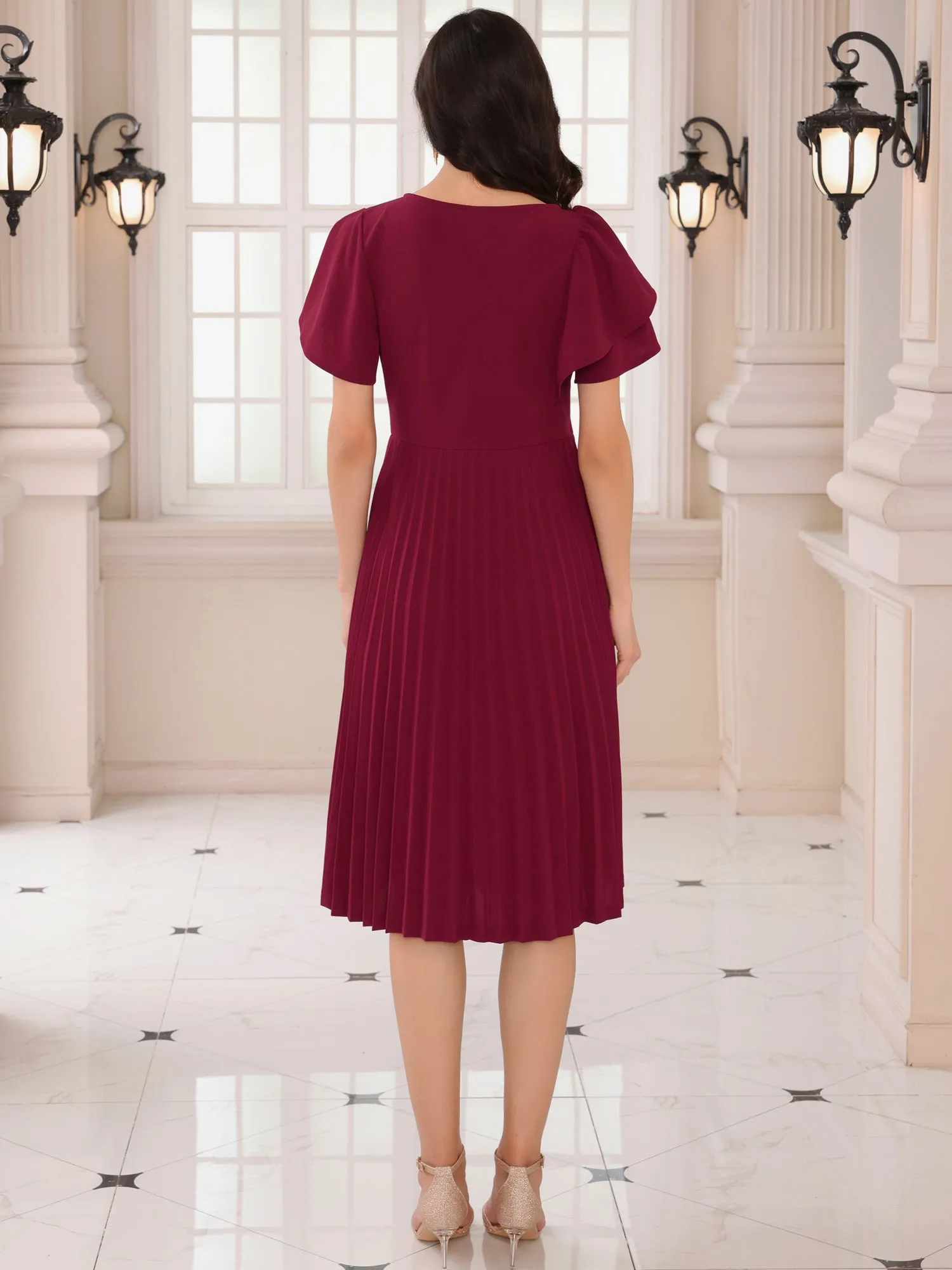 Women's Dressy Casual Dress Ruffled Asymmetric Neck A-Line Midi Pleated Dresses