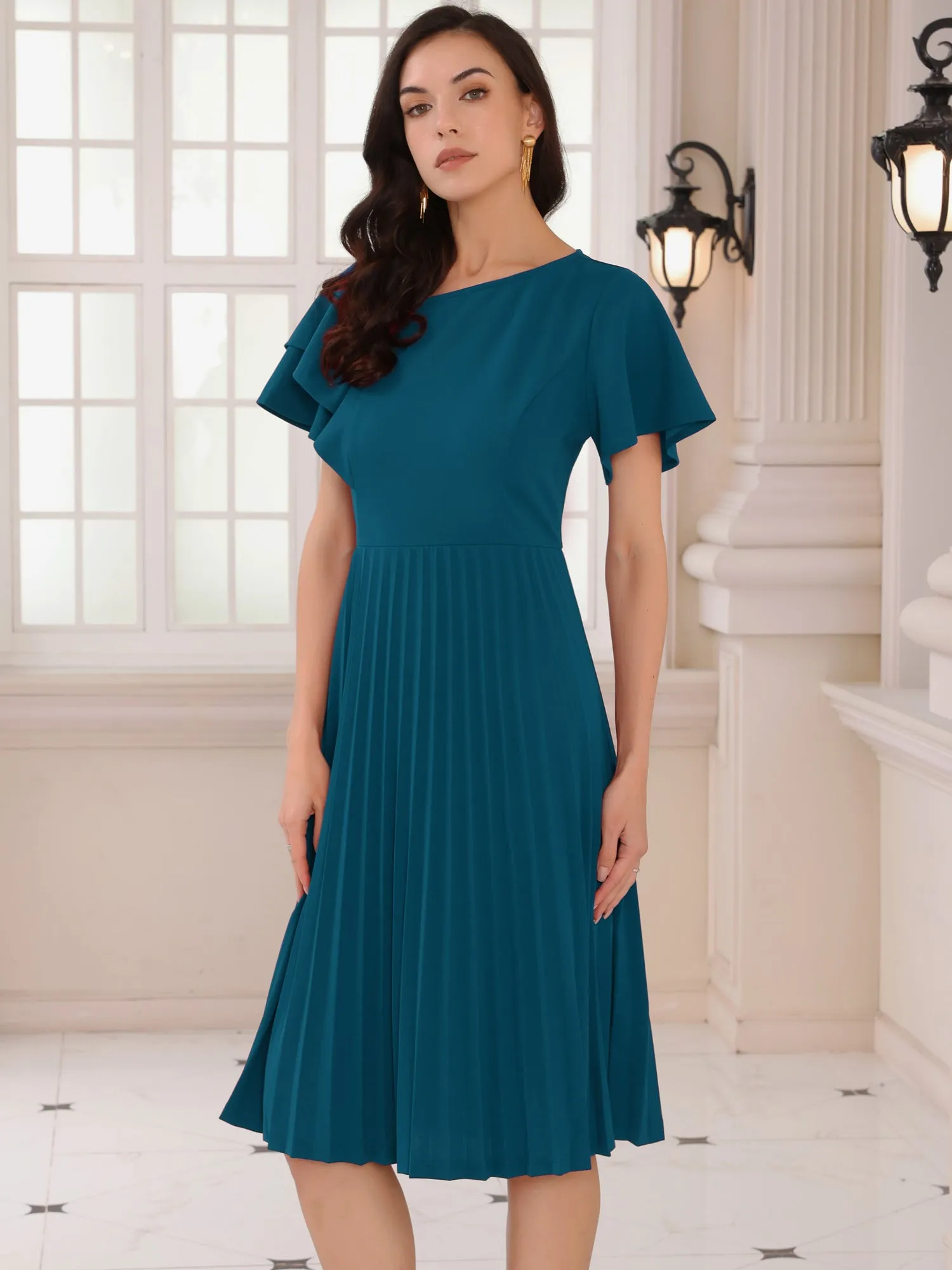 Women's Dressy Casual Dress Ruffled Asymmetric Neck A-Line Midi Pleated Dresses