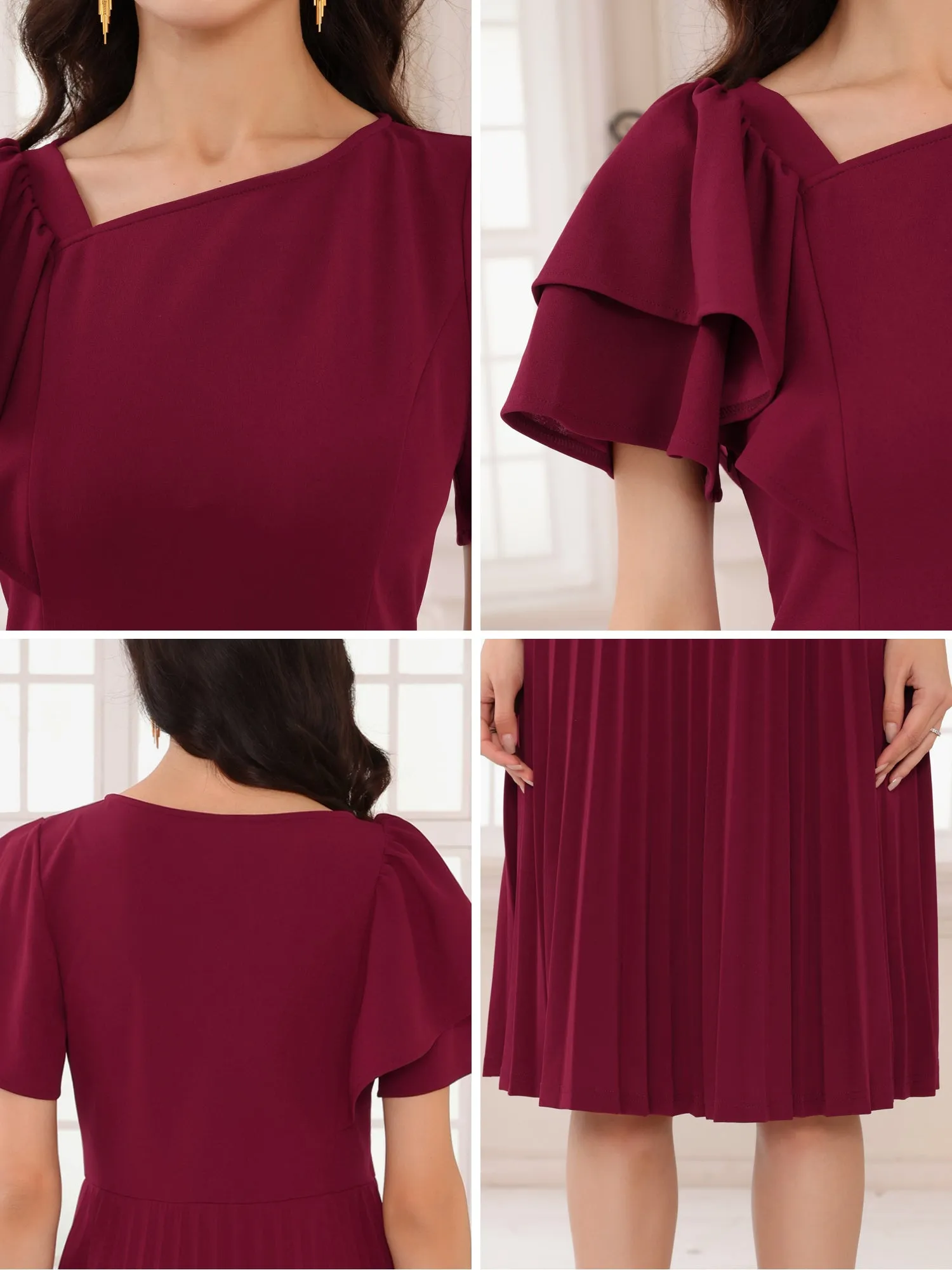 Women's Dressy Casual Dress Ruffled Asymmetric Neck A-Line Midi Pleated Dresses