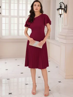 Women's Dressy Casual Dress Ruffled Asymmetric Neck A-Line Midi Pleated Dresses