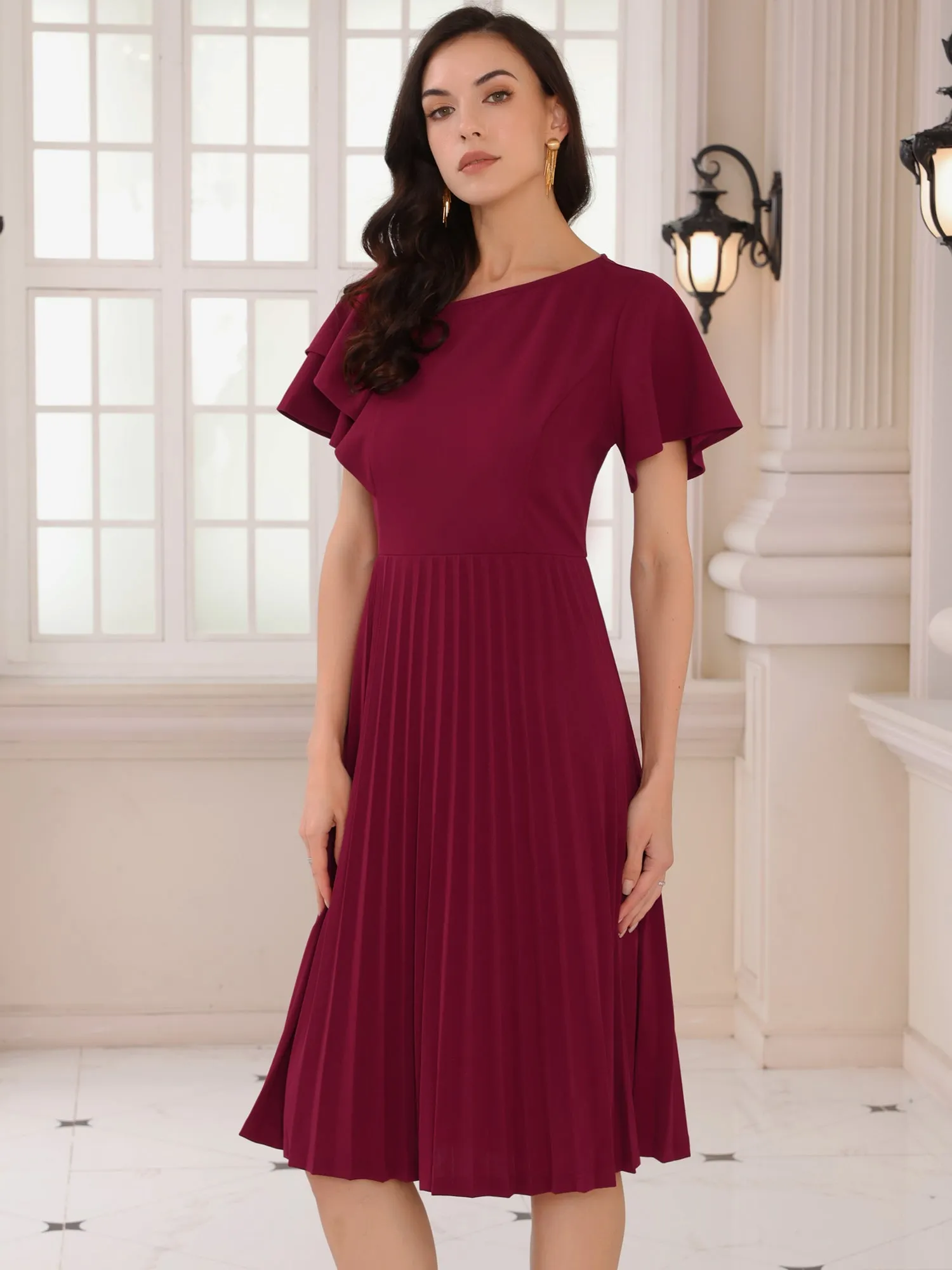 Women's Dressy Casual Dress Ruffled Asymmetric Neck A-Line Midi Pleated Dresses