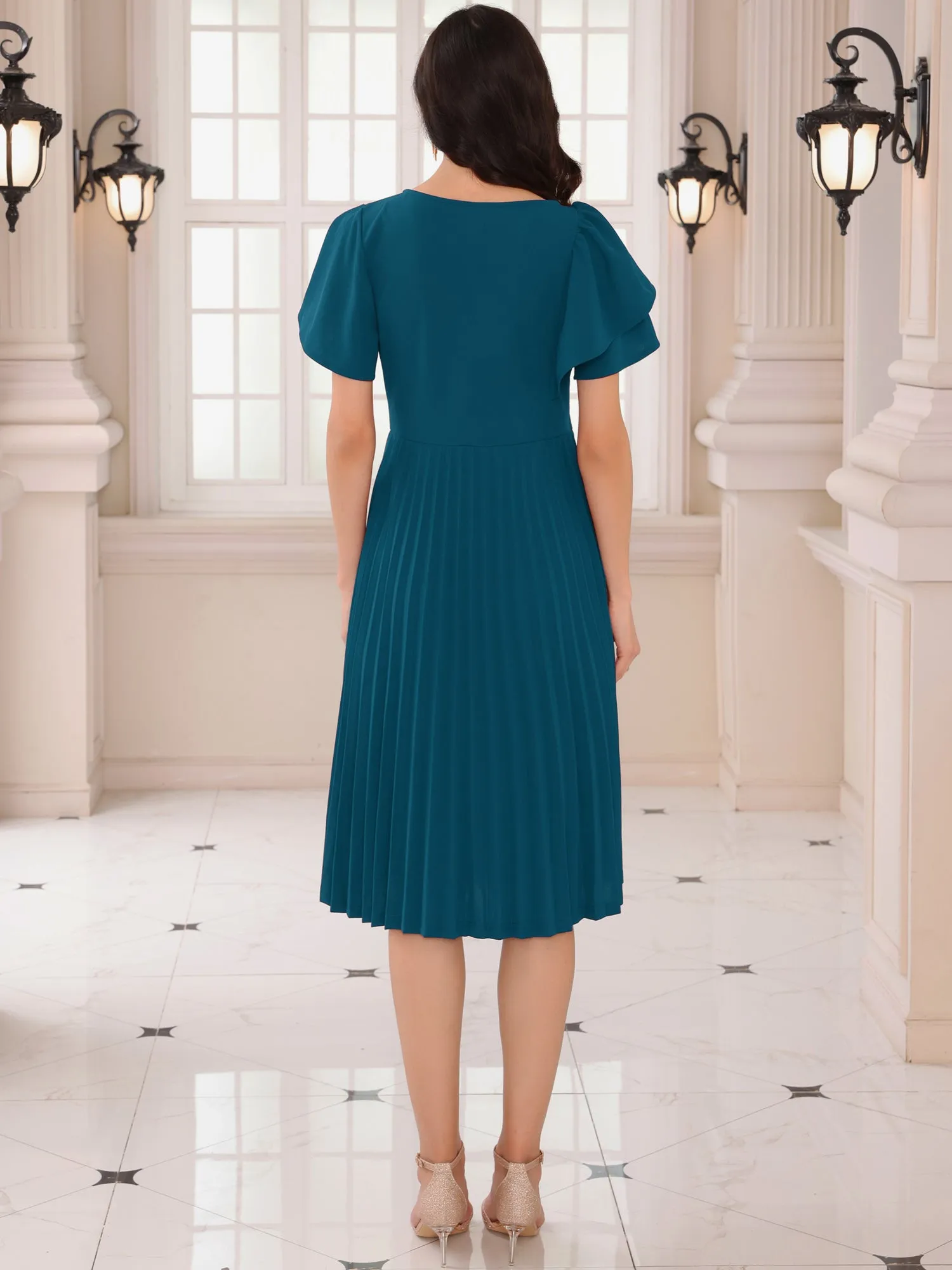 Women's Dressy Casual Dress Ruffled Asymmetric Neck A-Line Midi Pleated Dresses