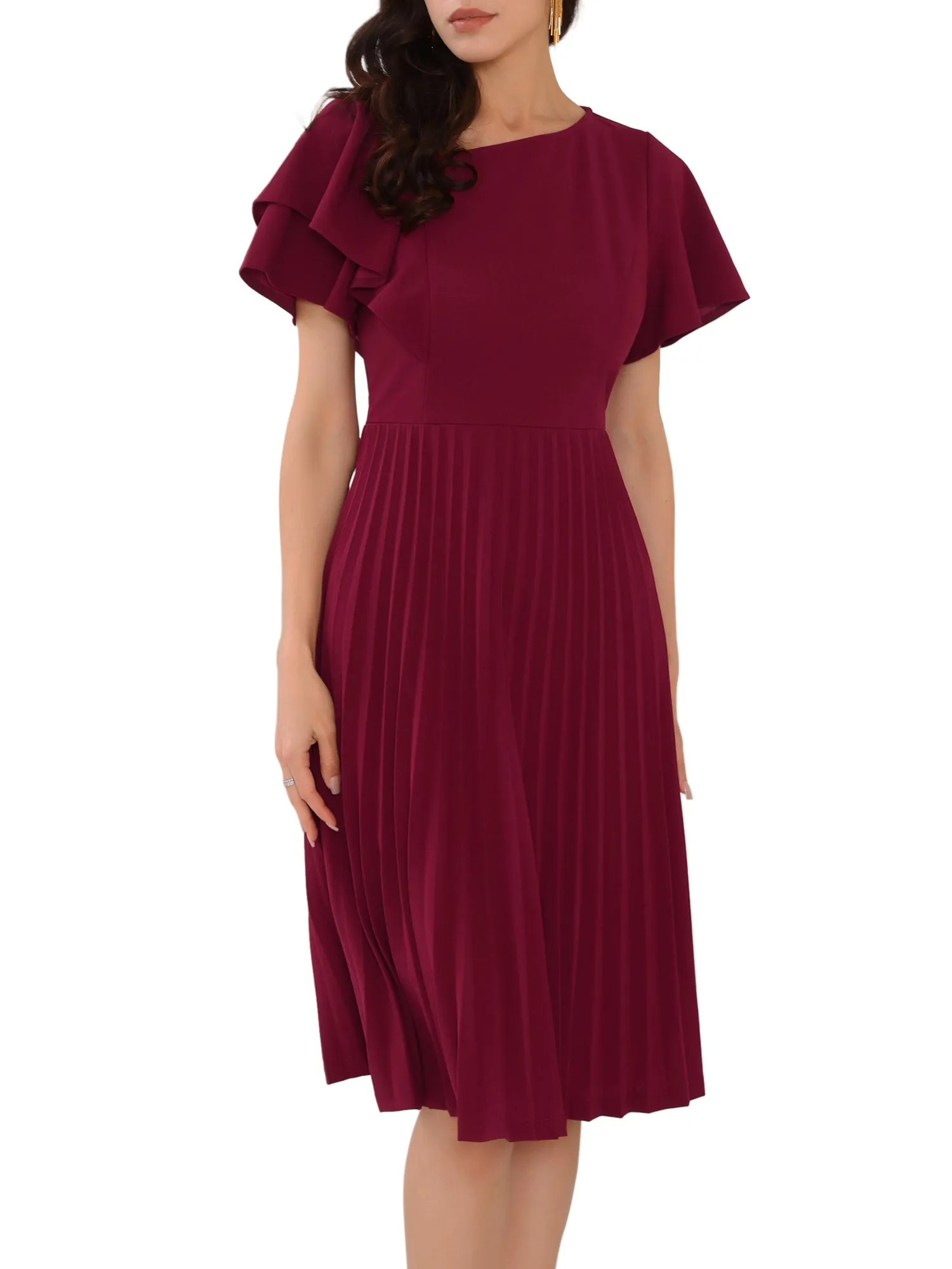 Women's Dressy Casual Dress Ruffled Asymmetric Neck A-Line Midi Pleated Dresses