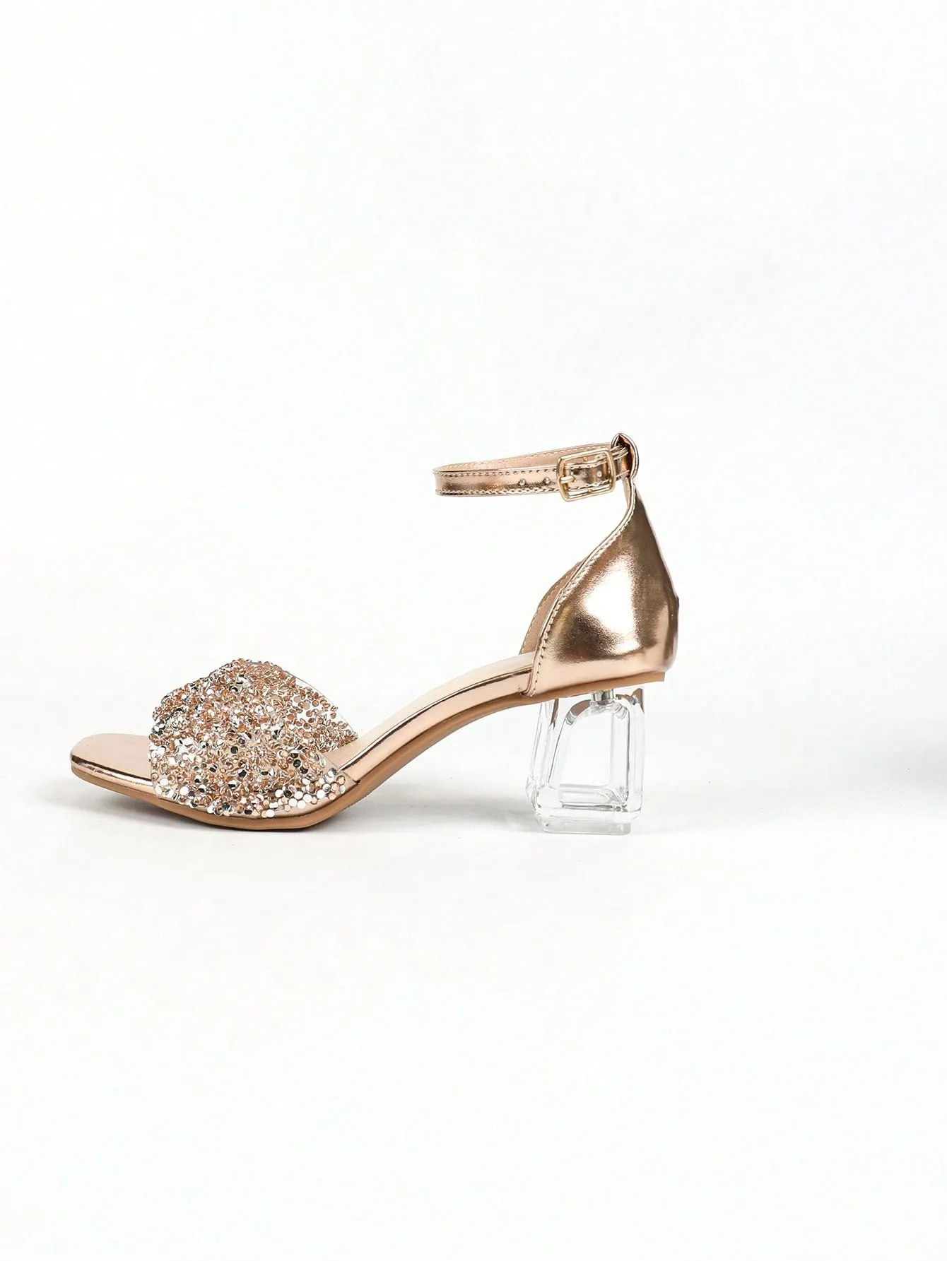 Women's Elegant Fashion Champagne Shiny Glitter Diamond Decor Transparent Square Toe Ankle Strap Chunky Heel Sandals, Gorgeous High Heeled Sandals Suitable For Parties, Weddings, Banquets And Outdoor Activities