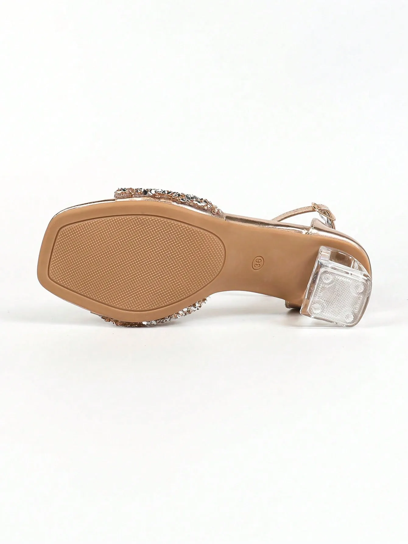Women's Elegant Fashion Champagne Shiny Glitter Diamond Decor Transparent Square Toe Ankle Strap Chunky Heel Sandals, Gorgeous High Heeled Sandals Suitable For Parties, Weddings, Banquets And Outdoor Activities