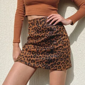 Women's Faux Suede Leopard Print High Waist Zipper Mini A-Line Short Skirt