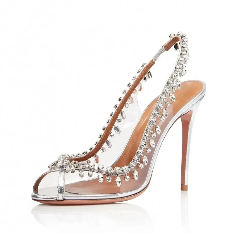 Women's Fish Mouth Open-heeled Chain Diamond High-heel Sandals