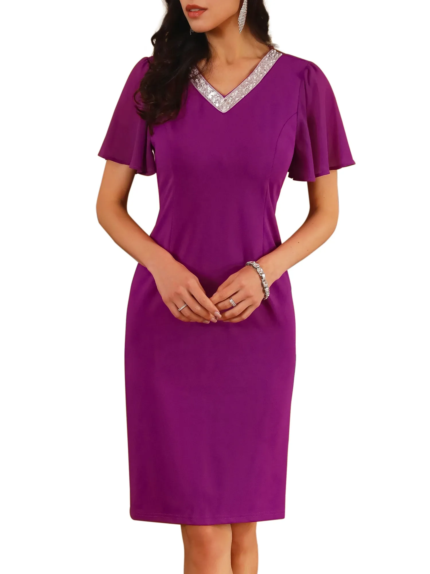 Women's Flare Sleeve V Neck Formal Cocktail Knee Dress
