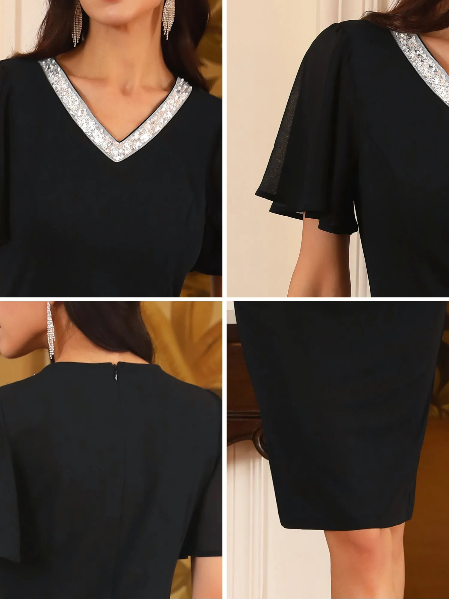 Women's Flare Sleeve V Neck Formal Cocktail Knee Dress