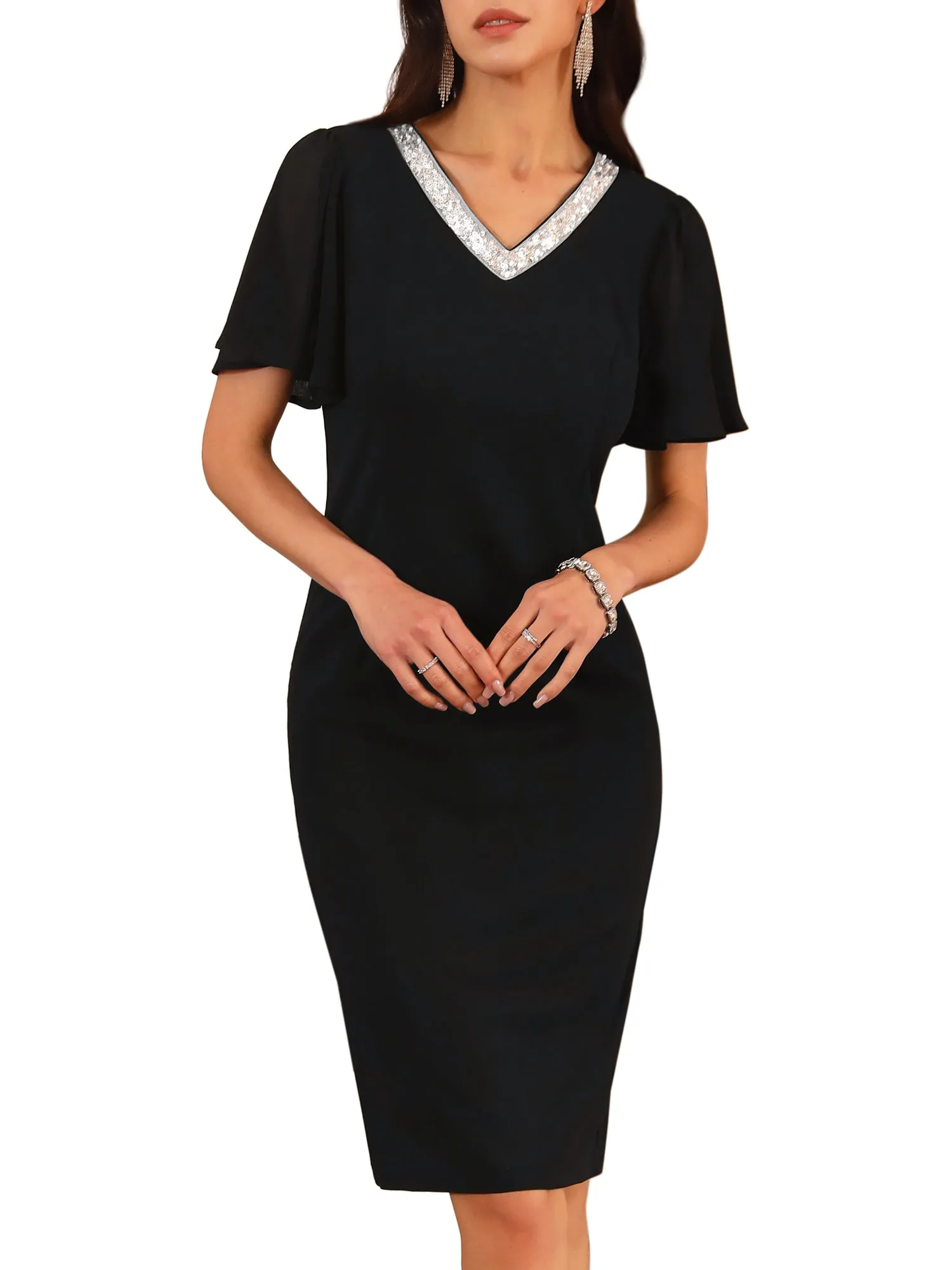 Women's Flare Sleeve V Neck Formal Cocktail Knee Dress