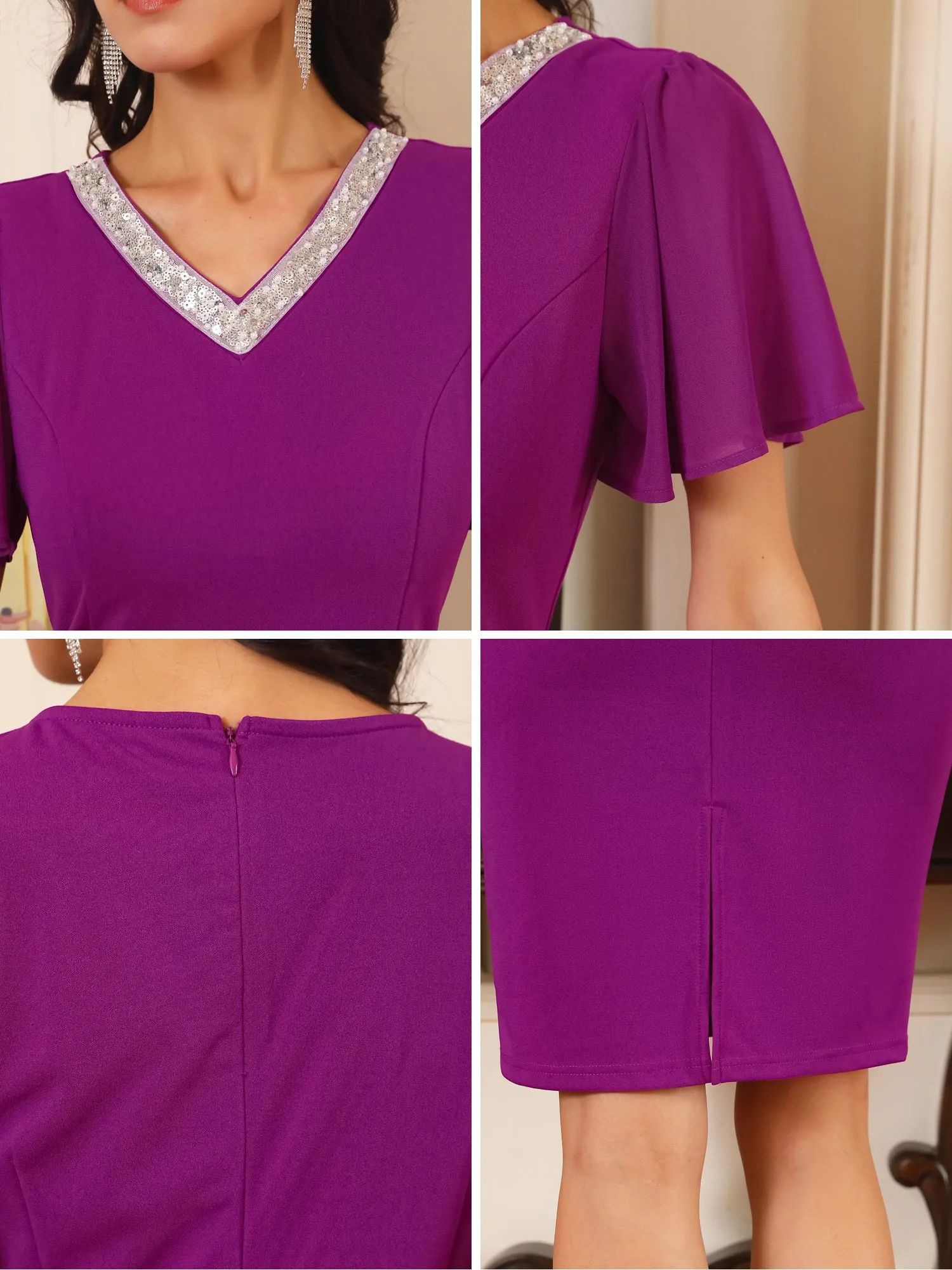 Women's Flare Sleeve V Neck Formal Cocktail Knee Dress