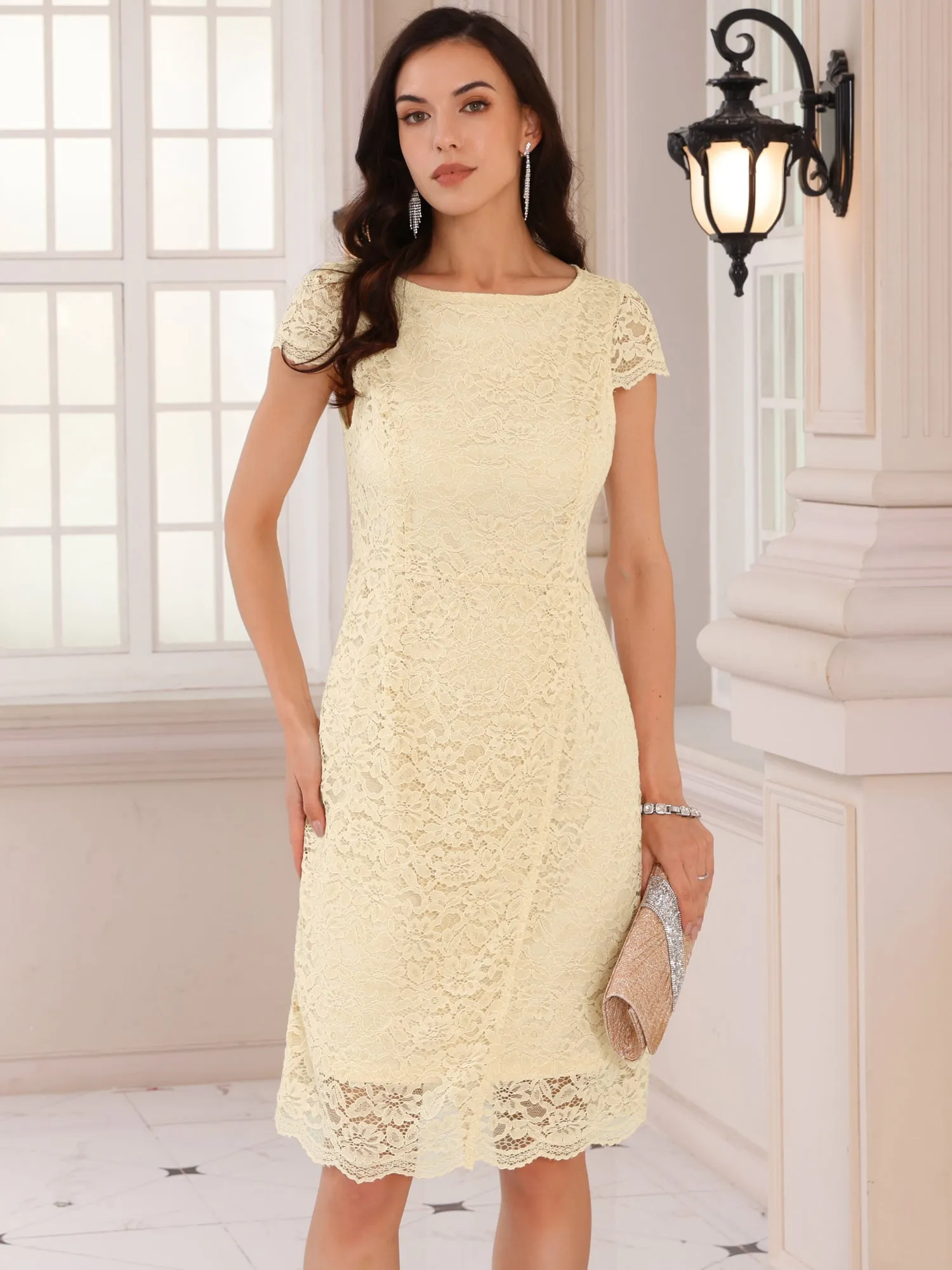 Women's Floral Lace Dress Cap Sleeve Boat Neck Cocktail Midi Wedding Guest Dresses