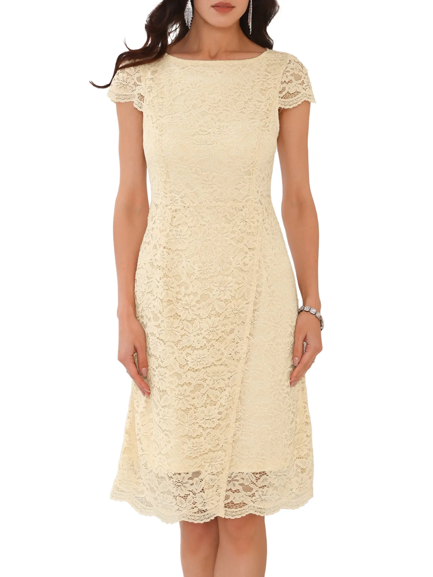 Women's Floral Lace Dress Cap Sleeve Boat Neck Cocktail Midi Wedding Guest Dresses