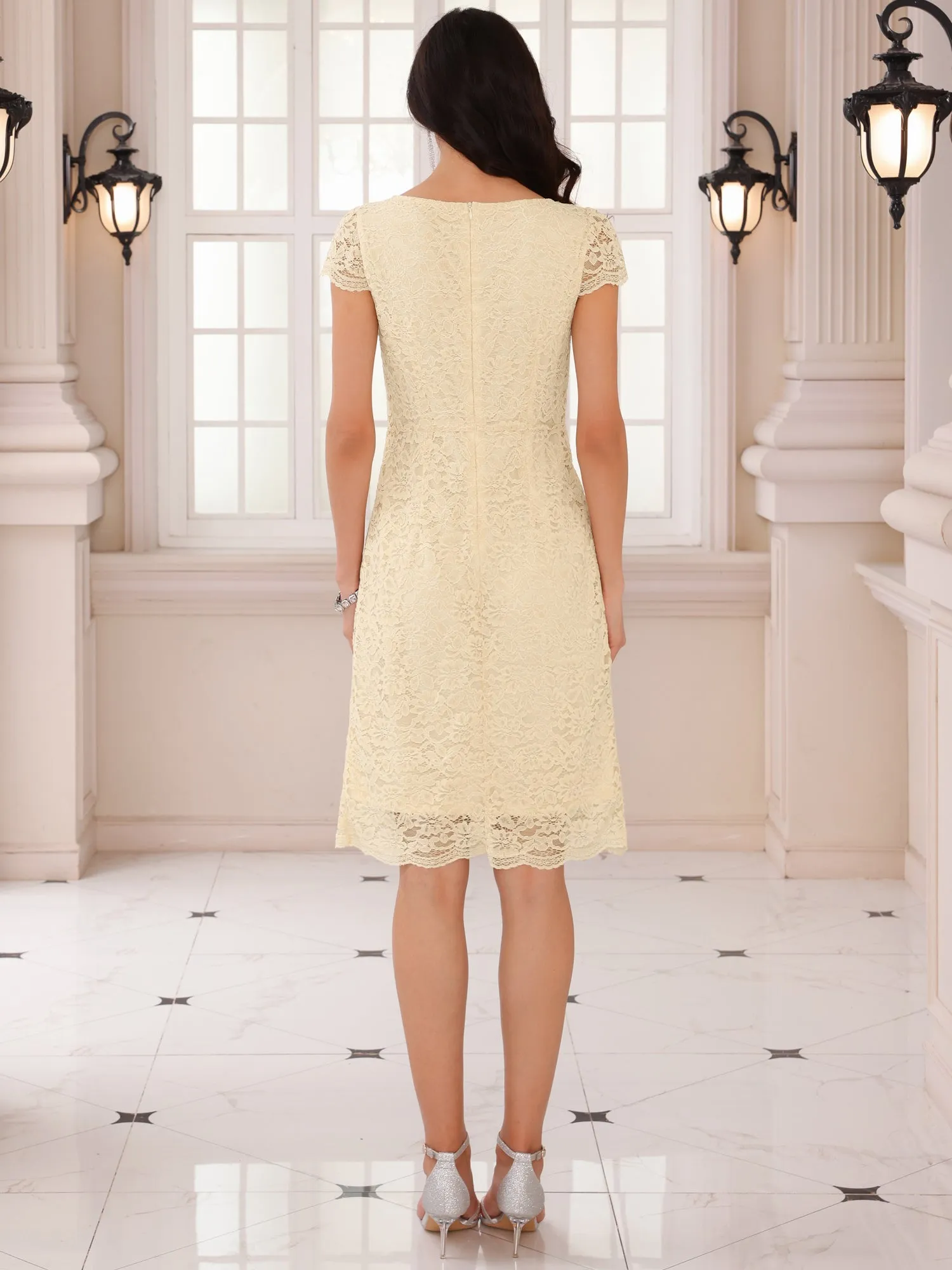 Women's Floral Lace Dress Cap Sleeve Boat Neck Cocktail Midi Wedding Guest Dresses