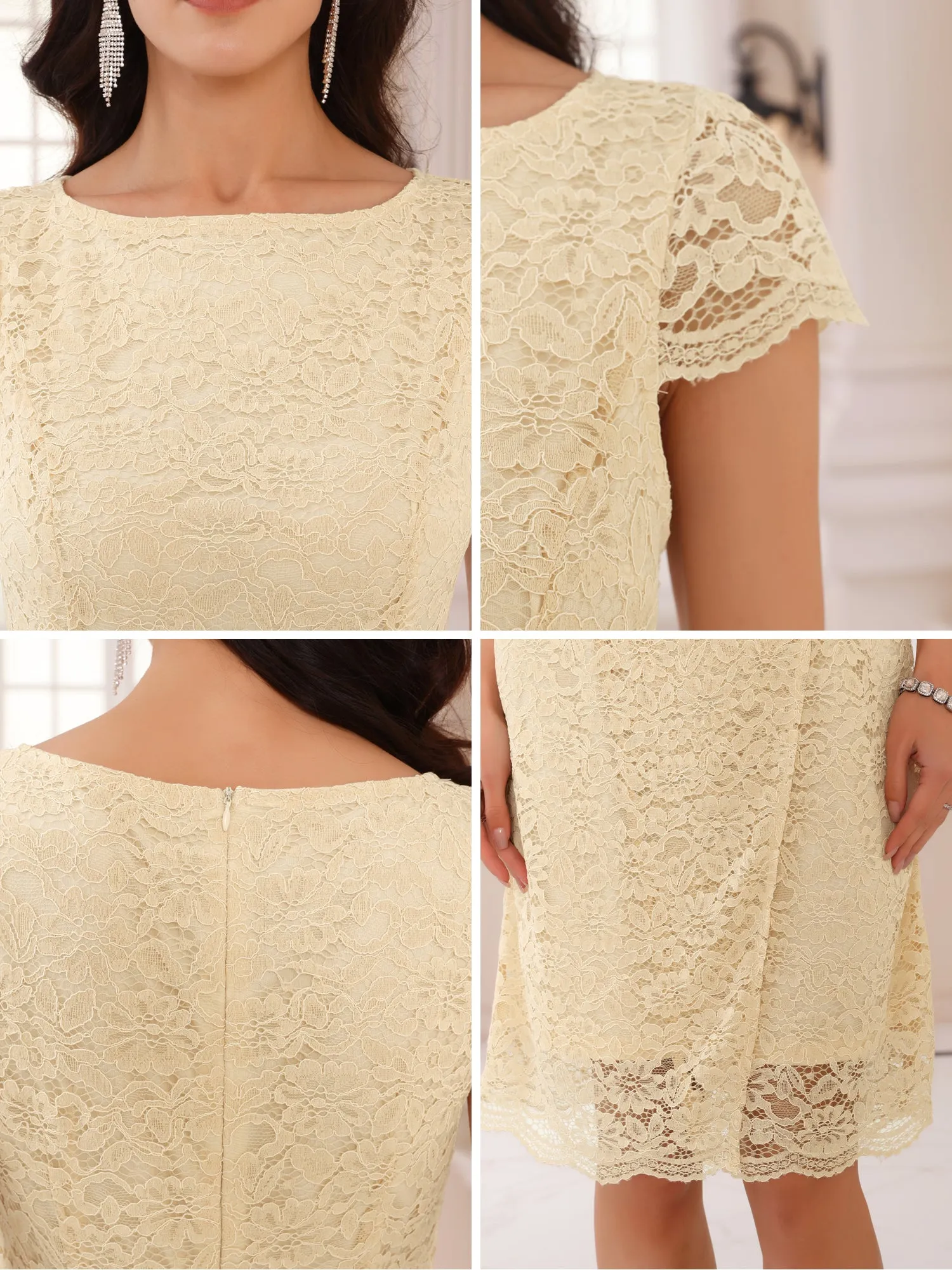 Women's Floral Lace Dress Cap Sleeve Boat Neck Cocktail Midi Wedding Guest Dresses