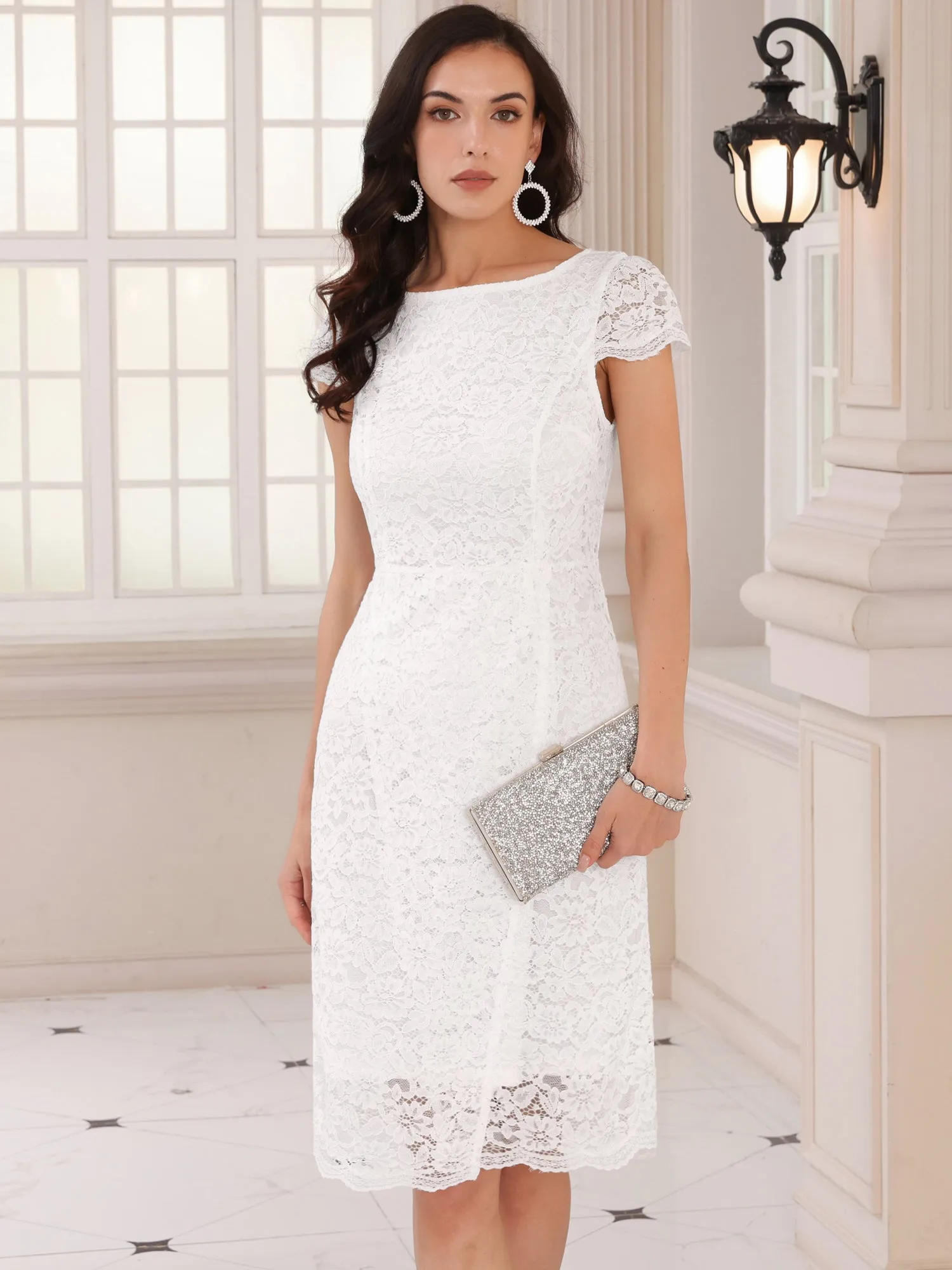 Women's Floral Lace Dress Cap Sleeve Boat Neck Cocktail Midi Wedding Guest Dresses
