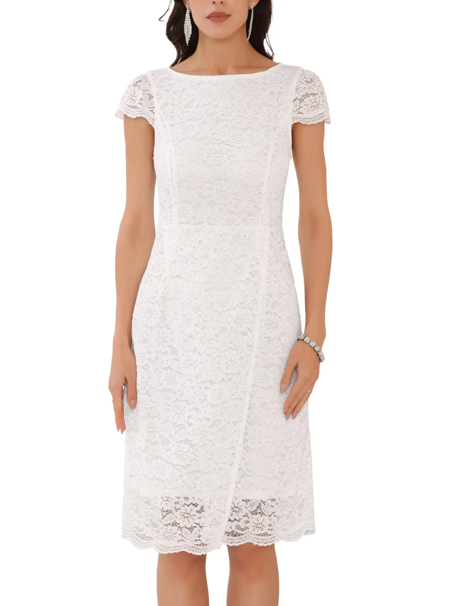 Women's Floral Lace Dress Cap Sleeve Boat Neck Cocktail Midi Wedding Guest Dresses