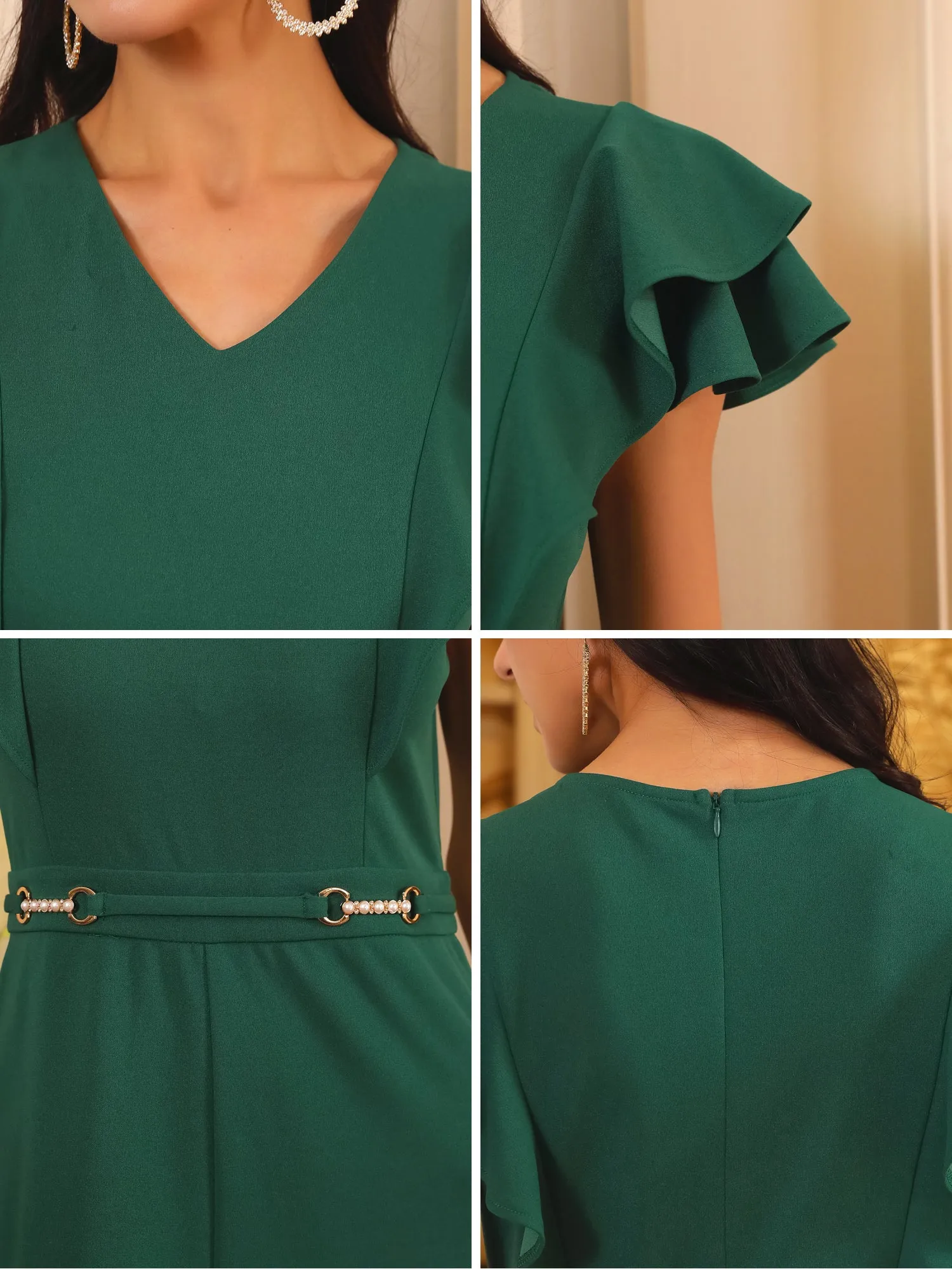 Women's Formal Jumpsuits Ruffled Sleeve High Waist V Neck Dressy Long Wide Legs Pants