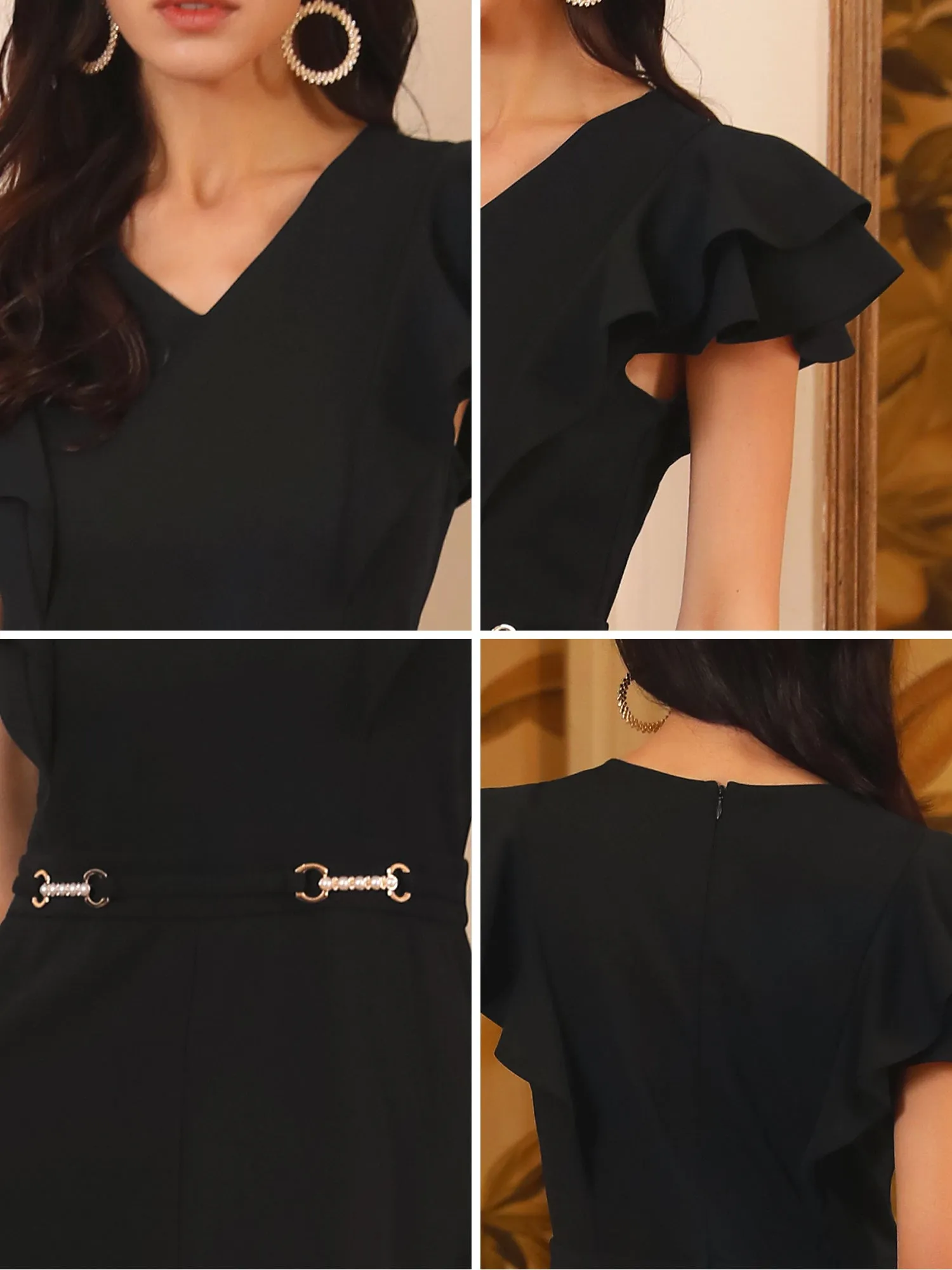 Women's Formal Jumpsuits Ruffled Sleeve High Waist V Neck Dressy Long Wide Legs Pants