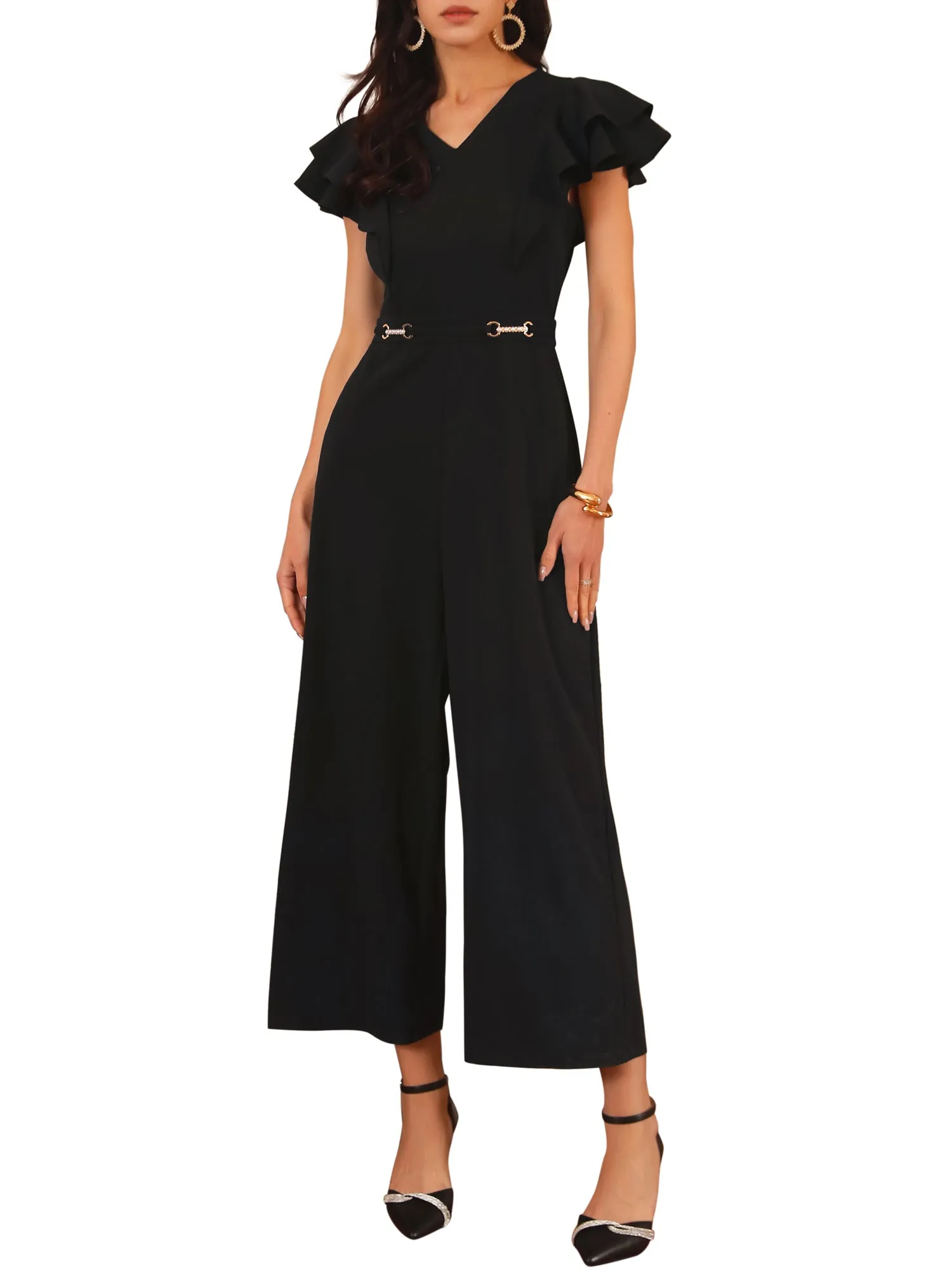 Women's Formal Jumpsuits Ruffled Sleeve High Waist V Neck Dressy Long Wide Legs Pants