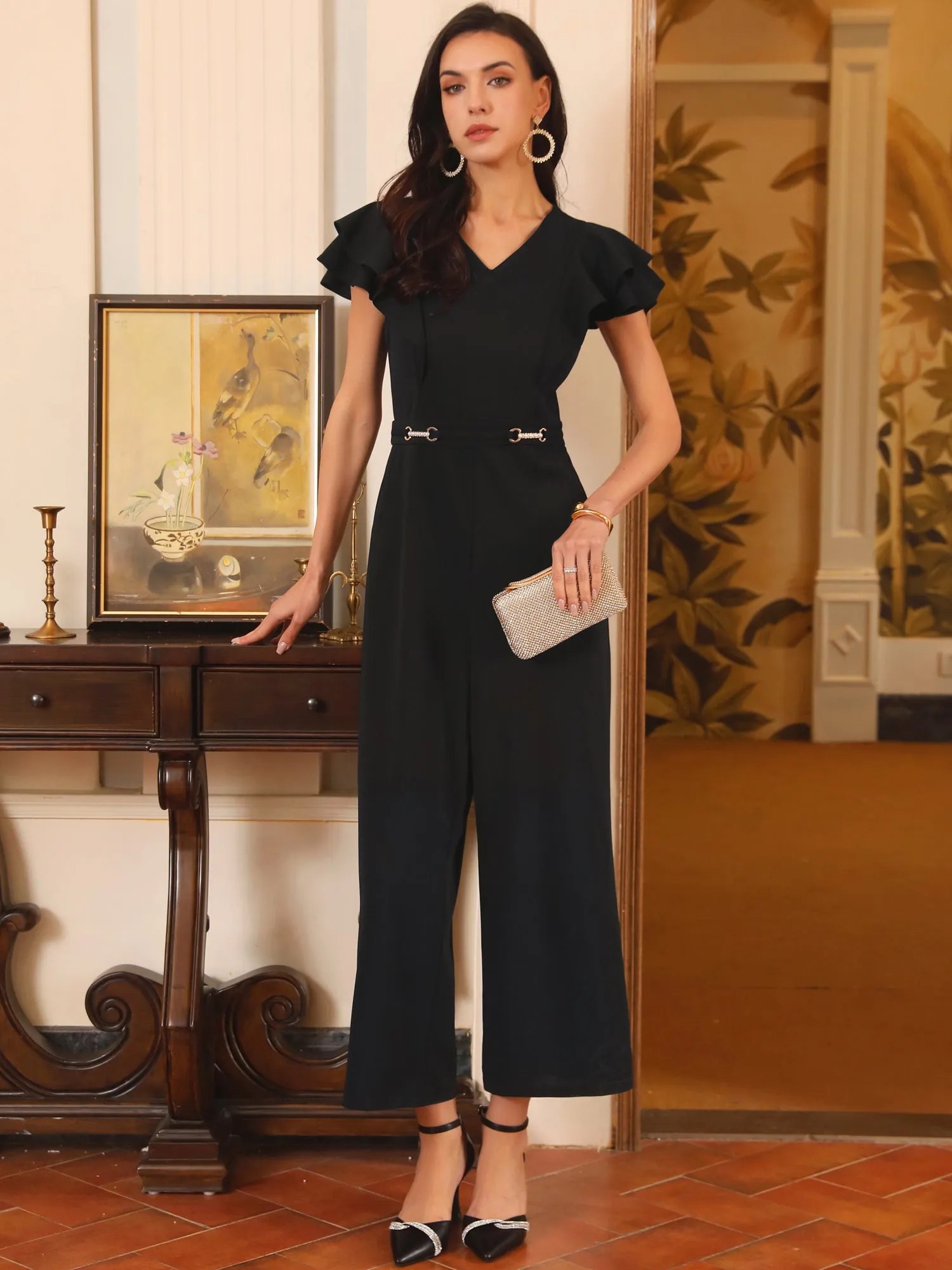 Women's Formal Jumpsuits Ruffled Sleeve High Waist V Neck Dressy Long Wide Legs Pants