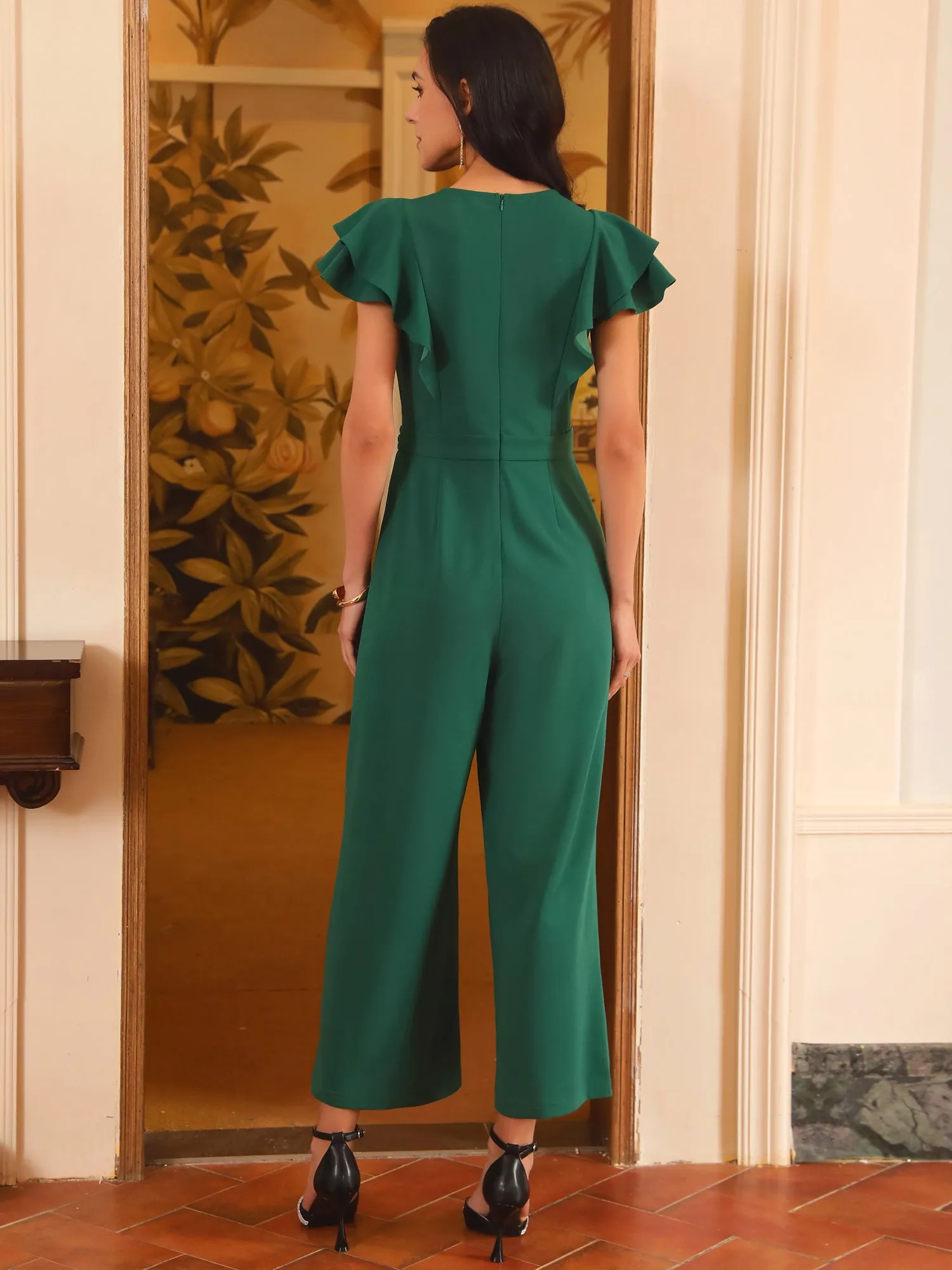 Women's Formal Jumpsuits Ruffled Sleeve High Waist V Neck Dressy Long Wide Legs Pants