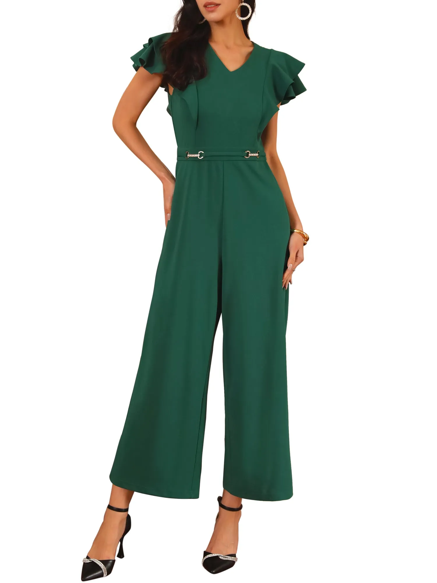 Women's Formal Jumpsuits Ruffled Sleeve High Waist V Neck Dressy Long Wide Legs Pants