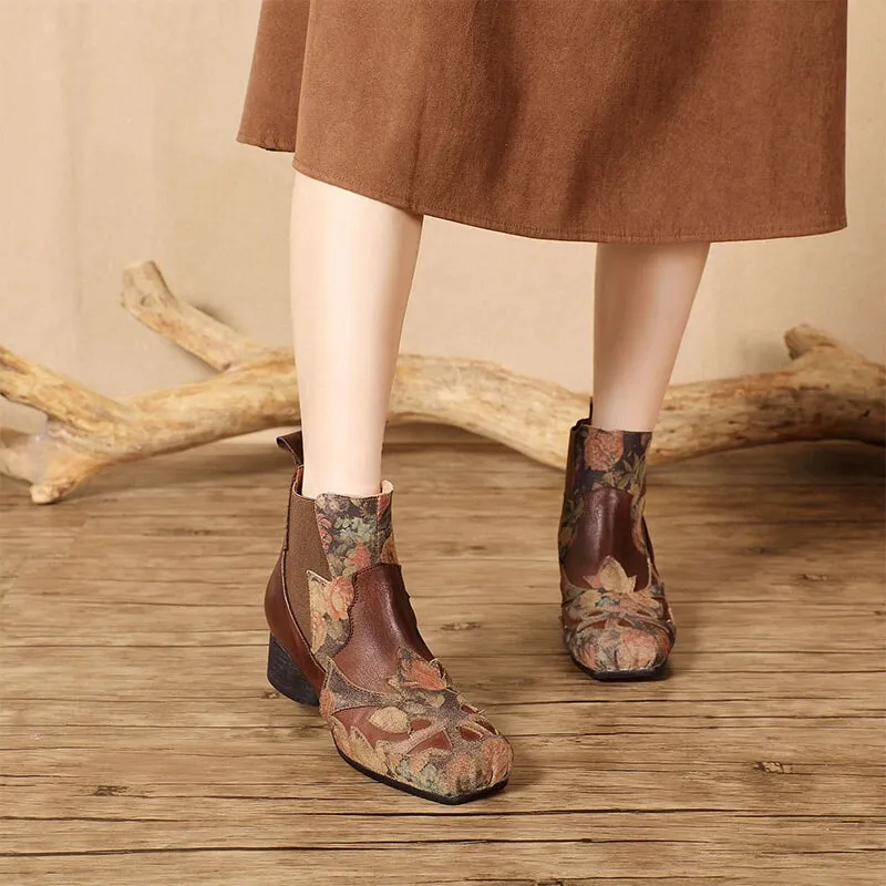 Women's Genuine Leather Short Boots With Embroidery Flowers Low Pumps in Black/Coffee