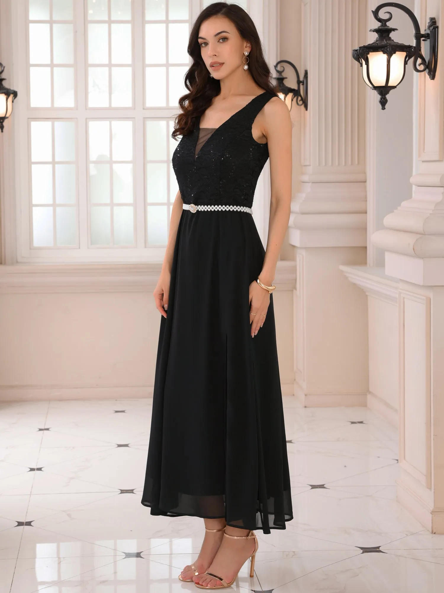 Women's Gown Dress Lace V Neck Sleeveless Cocktail Wedding Guest Dresses