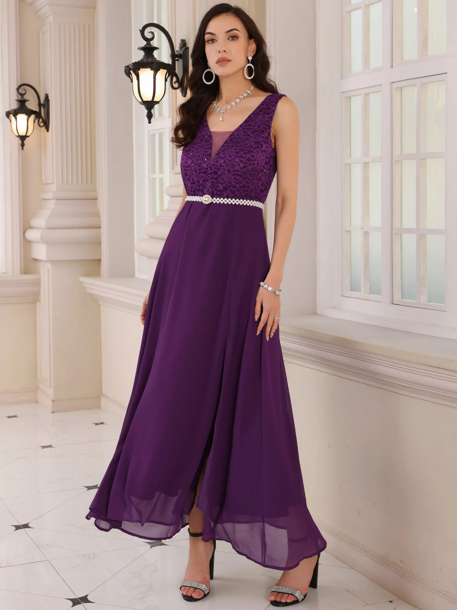 Women's Gown Dress Lace V Neck Sleeveless Cocktail Wedding Guest Dresses