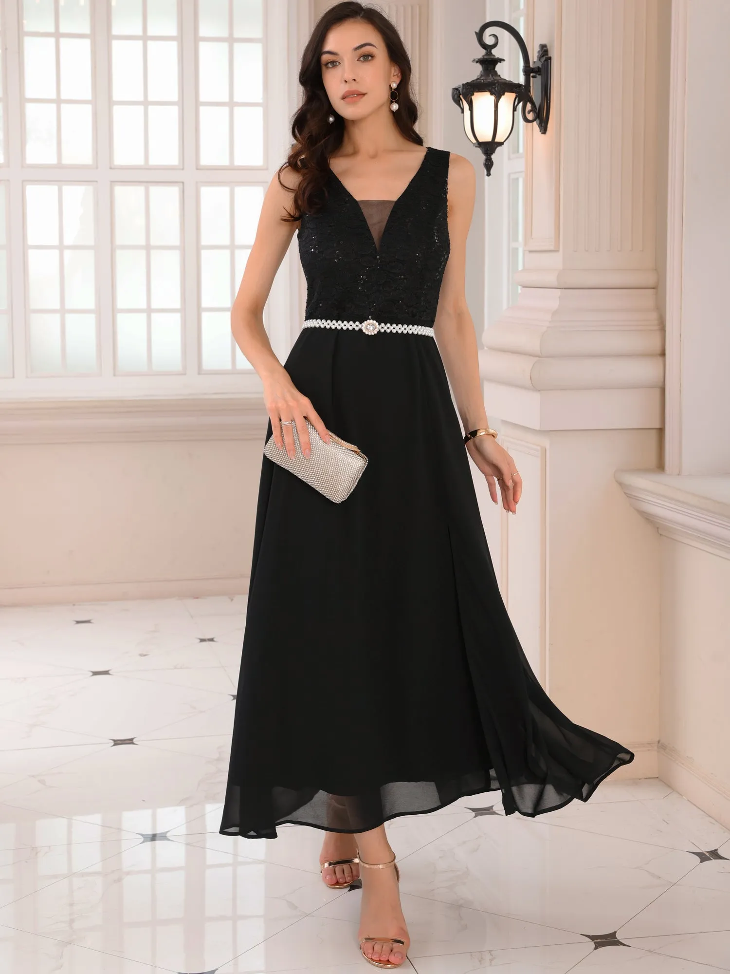 Women's Gown Dress Lace V Neck Sleeveless Cocktail Wedding Guest Dresses