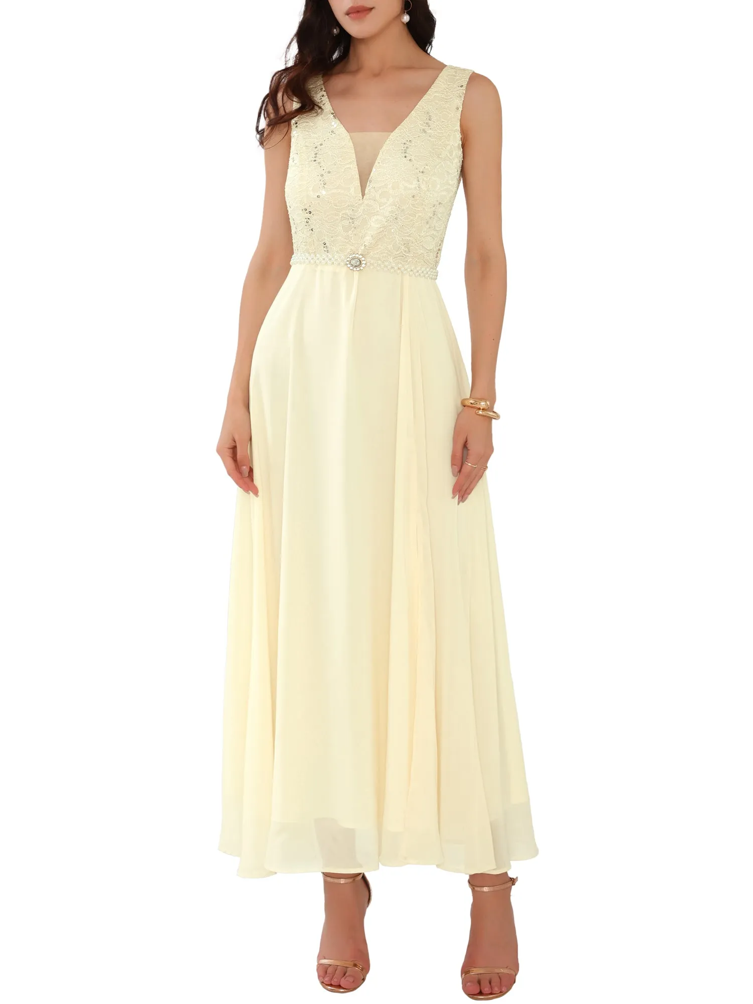 Women's Gown Dress Lace V Neck Sleeveless Cocktail Wedding Guest Dresses