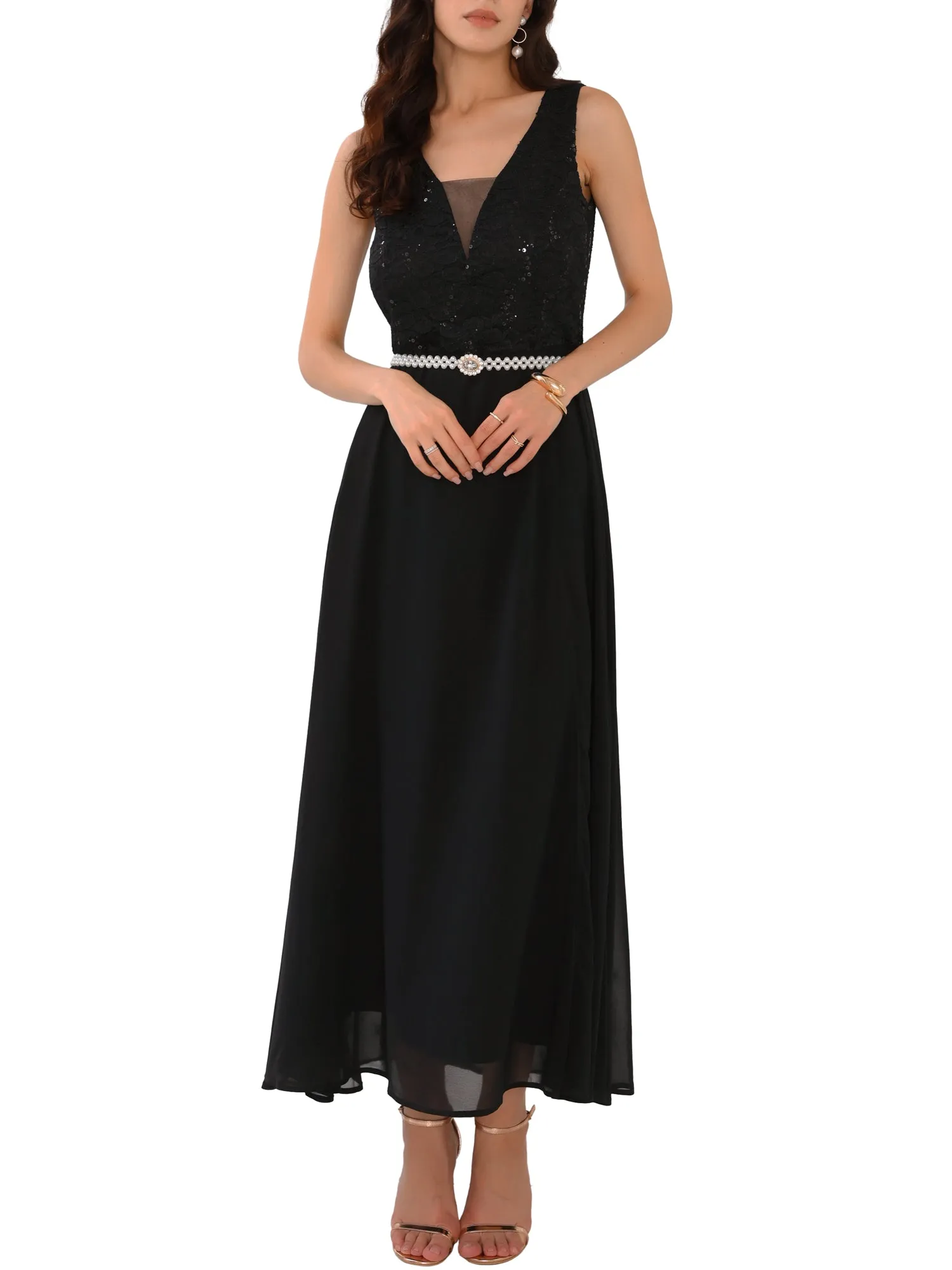 Women's Gown Dress Lace V Neck Sleeveless Cocktail Wedding Guest Dresses