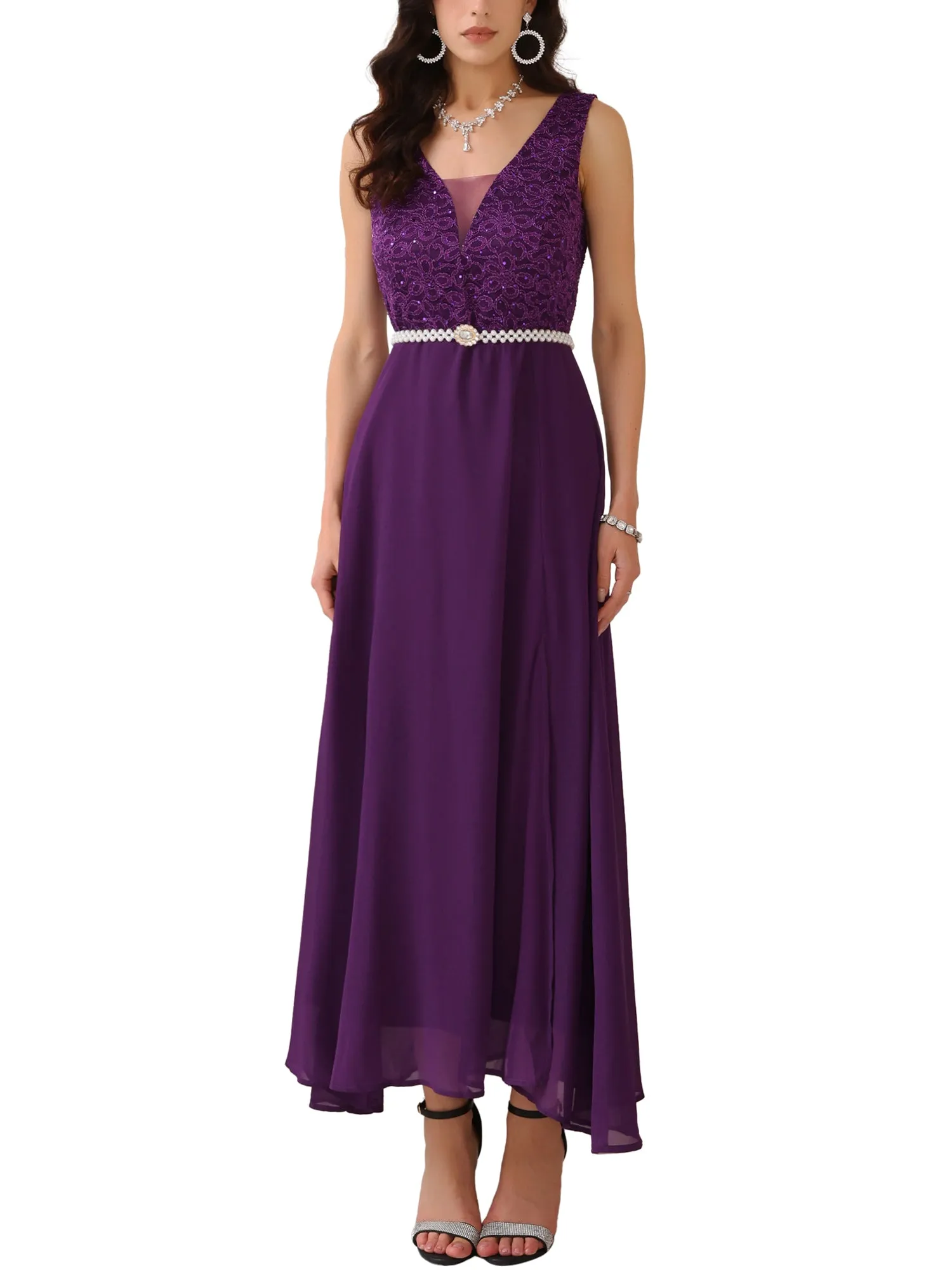 Women's Gown Dress Lace V Neck Sleeveless Cocktail Wedding Guest Dresses