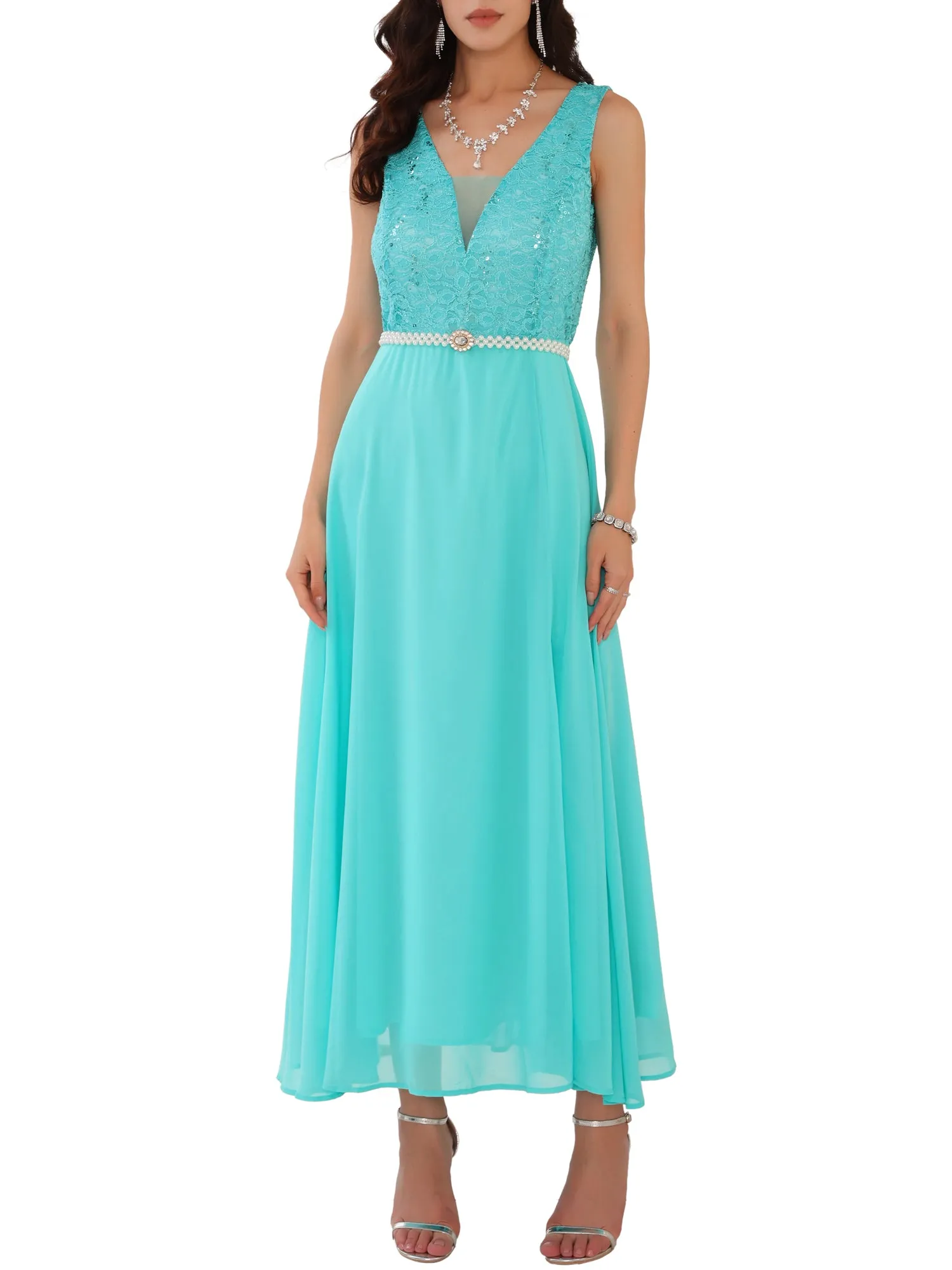 Women's Gown Dress Lace V Neck Sleeveless Cocktail Wedding Guest Dresses